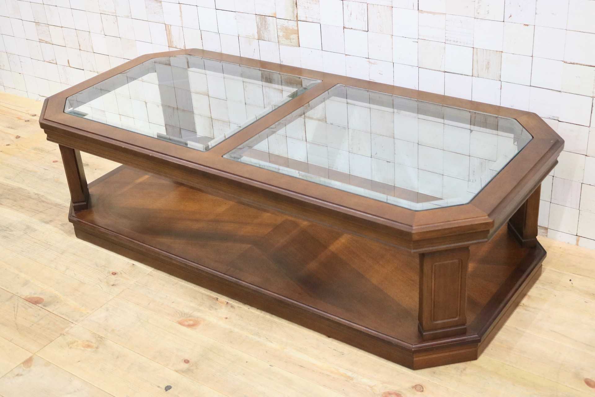 GMGT195○maruni / マルニ センターテーブル リビングテーブル 応接机 ガラス天板 木製フレーム クラシック レトロ アンティーク 国産家具