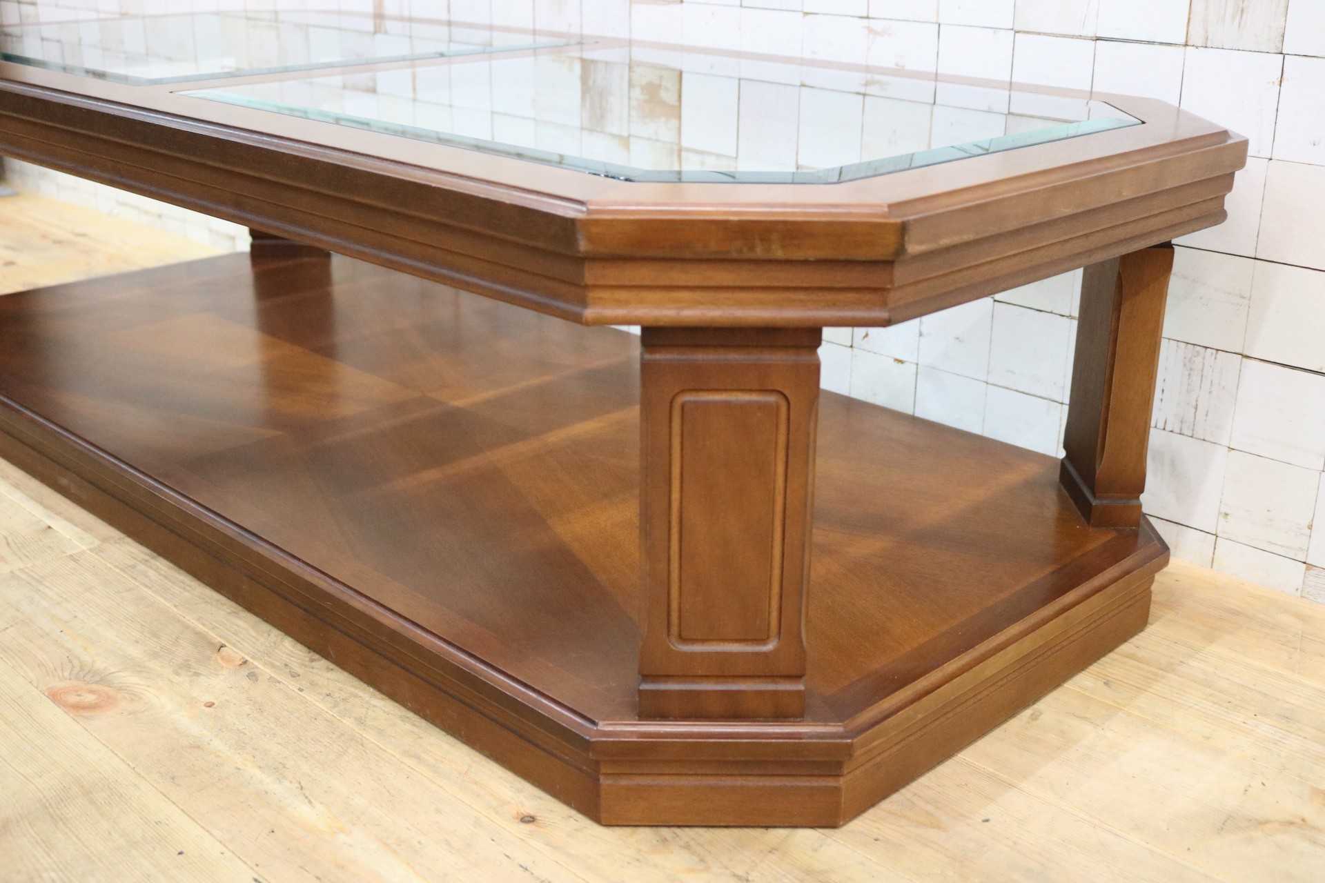 GMGT195○maruni / マルニ センターテーブル リビングテーブル 応接机 ガラス天板 木製フレーム クラシック レトロ アンティーク 国産家具