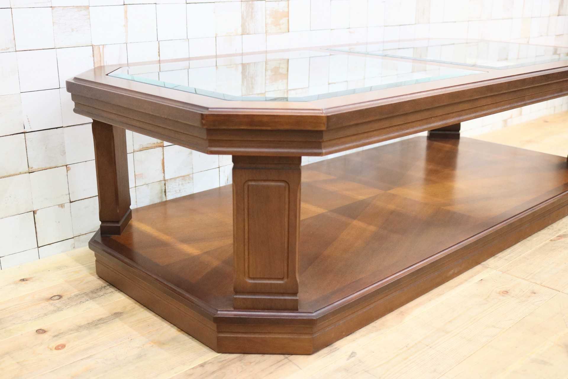 GMGT195○maruni / マルニ センターテーブル リビングテーブル 応接机 ガラス天板 木製フレーム クラシック レトロ アンティーク 国産家具