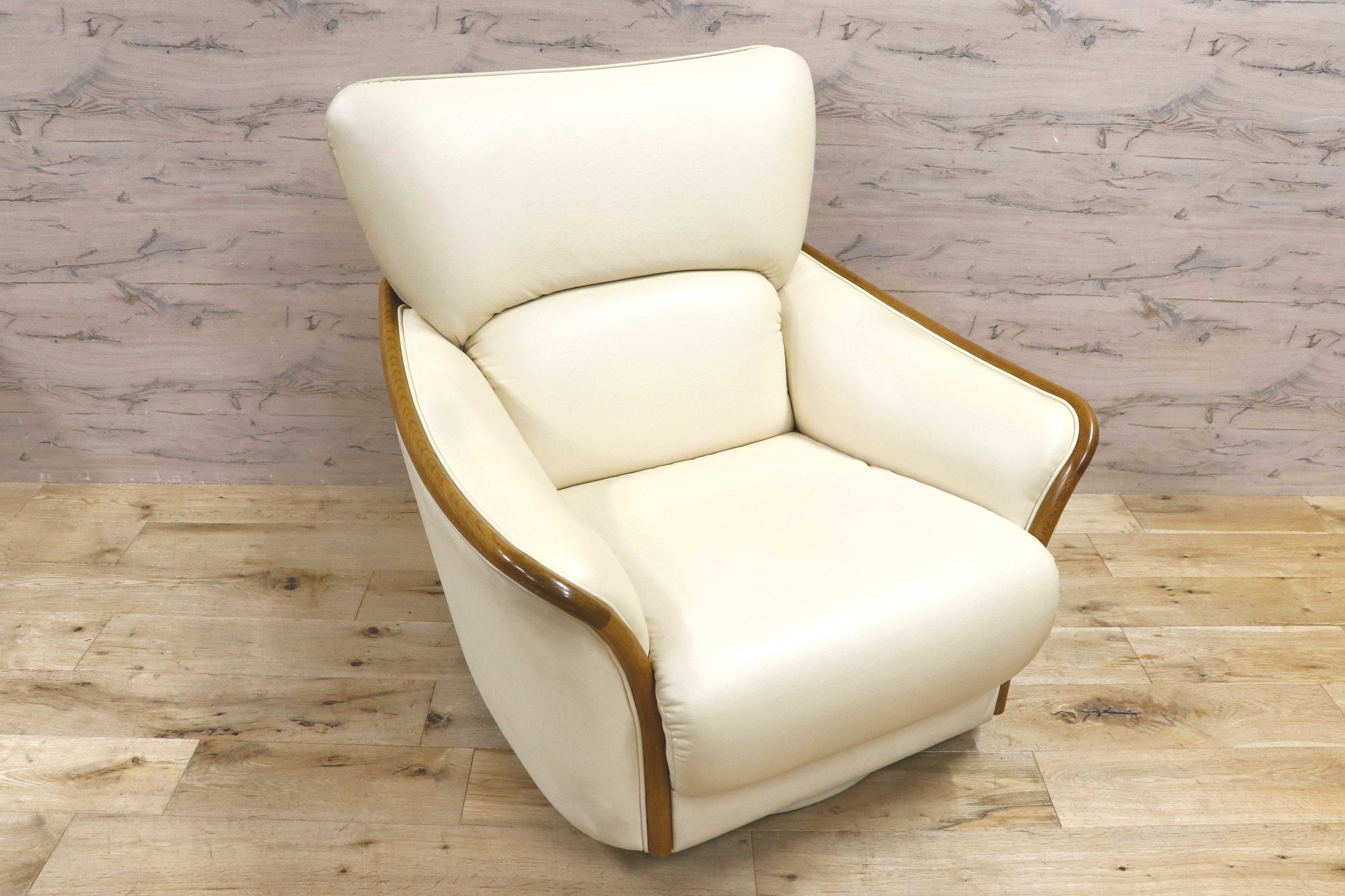 GMIS380○浜本工芸 / HAMAMOTO 1人掛けソファ 楢材 回転椅子 1Pソファ ソフトレザー 回転ソファ シングルソファ 椅子 アームソファ モダン