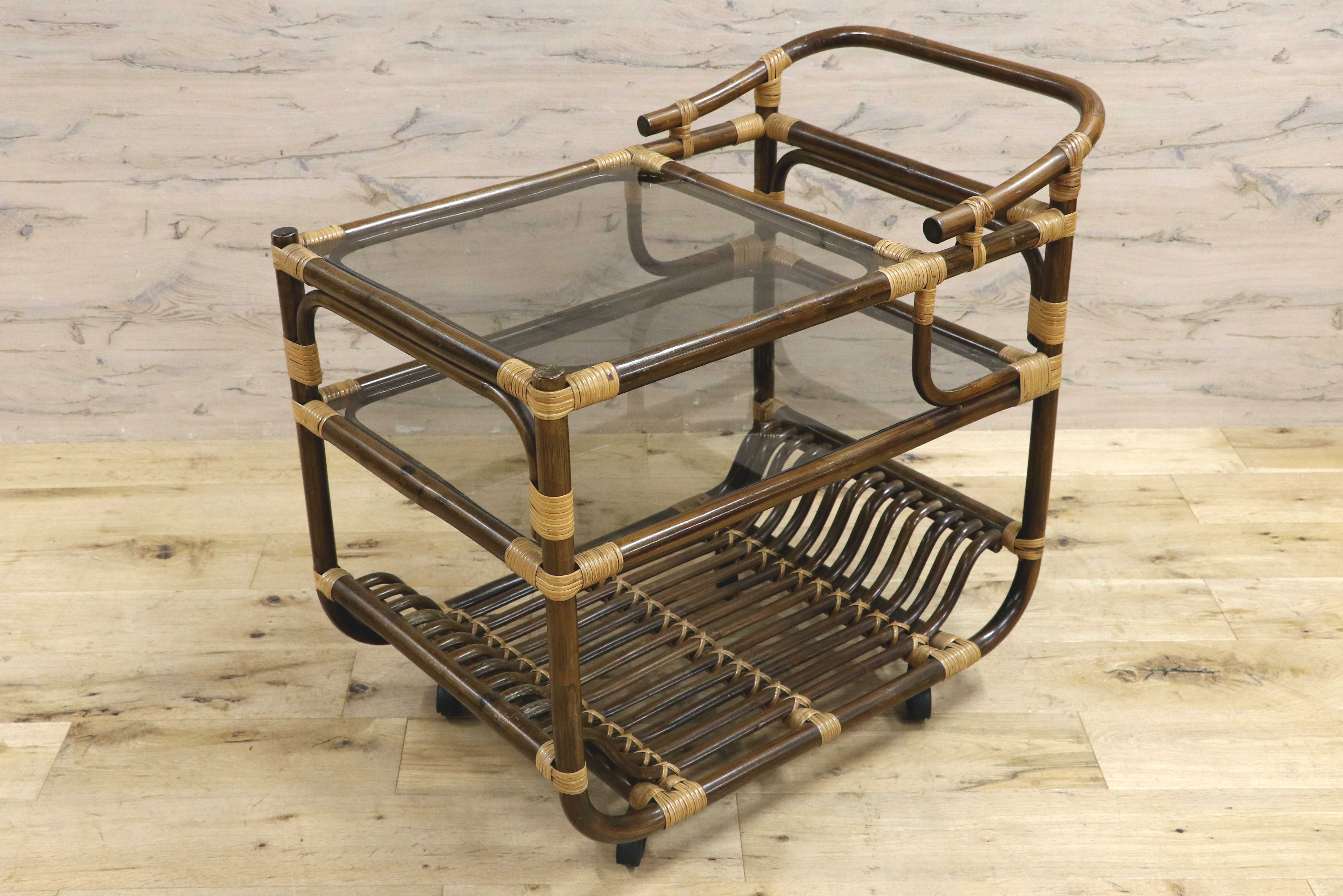 GMIK741○昭和レトロ ラタン モダン キャスターワゴン キッチンワゴン サイドテーブル 古家具 ヴィンテージ 木製 和家具