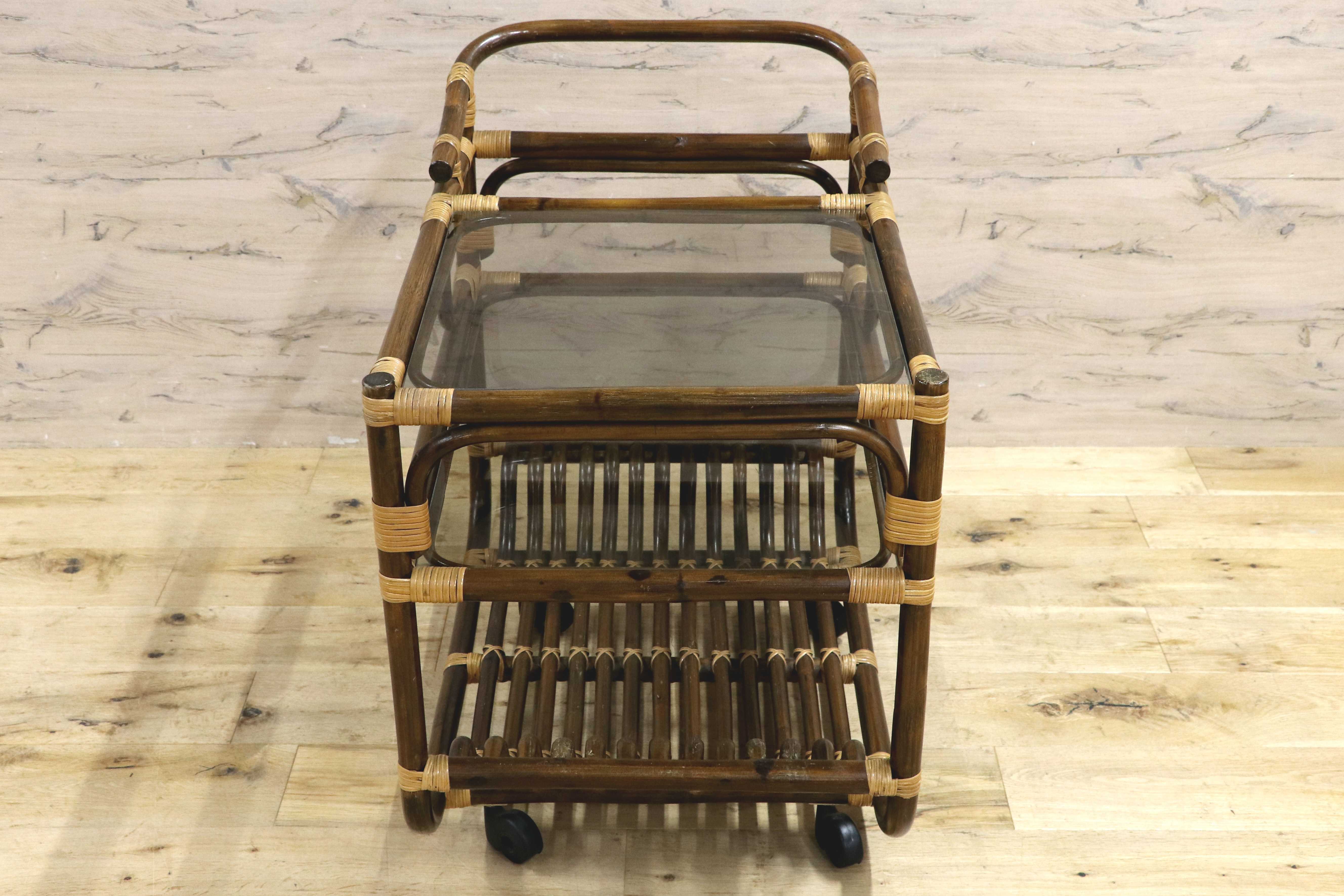 GMIK741○昭和レトロ ラタン モダン キャスターワゴン キッチンワゴン サイドテーブル 古家具 ヴィンテージ 木製 和家具