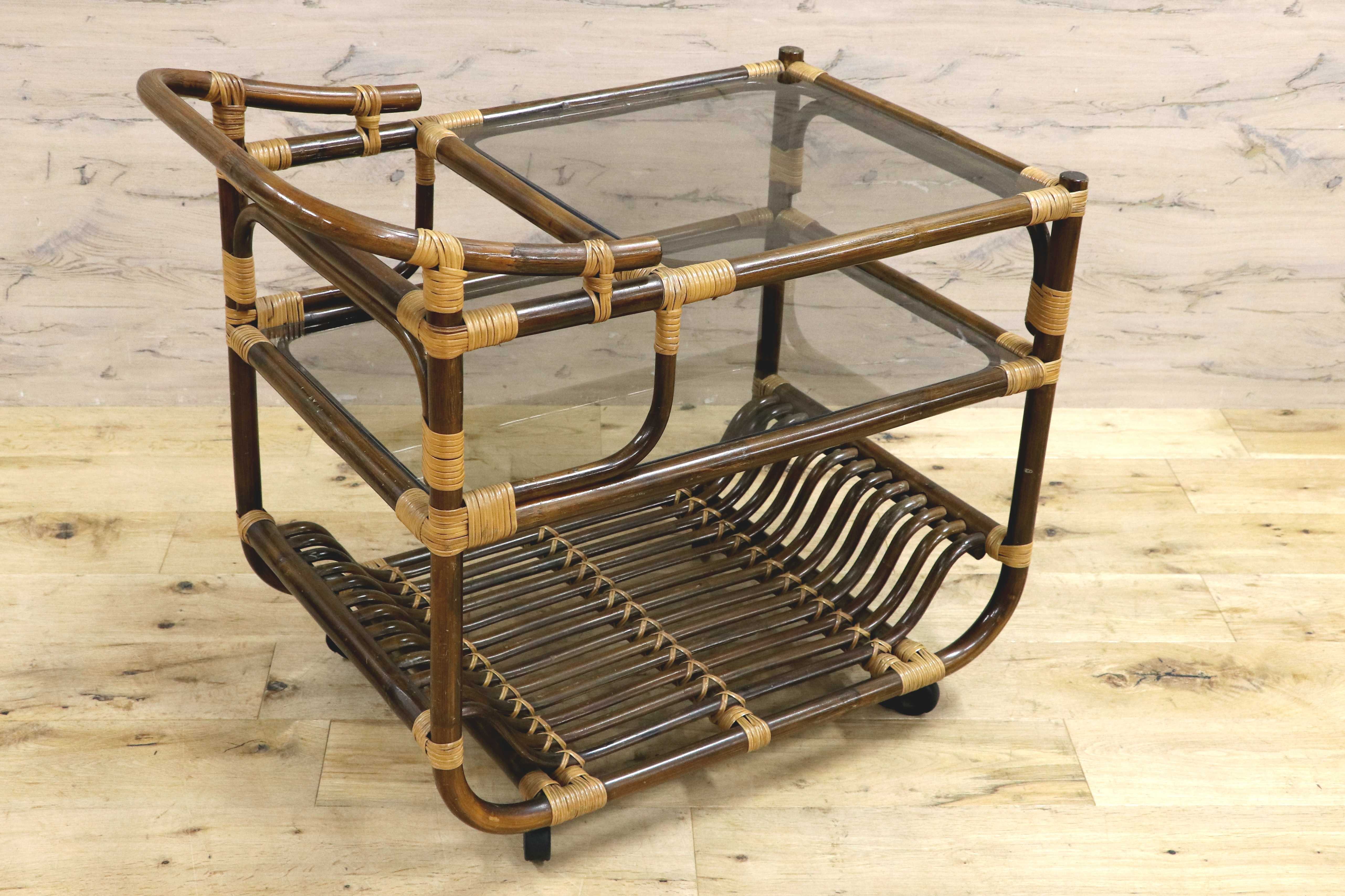 GMIK741○昭和レトロ ラタン モダン キャスターワゴン キッチンワゴン サイドテーブル 古家具 ヴィンテージ 木製 和家具