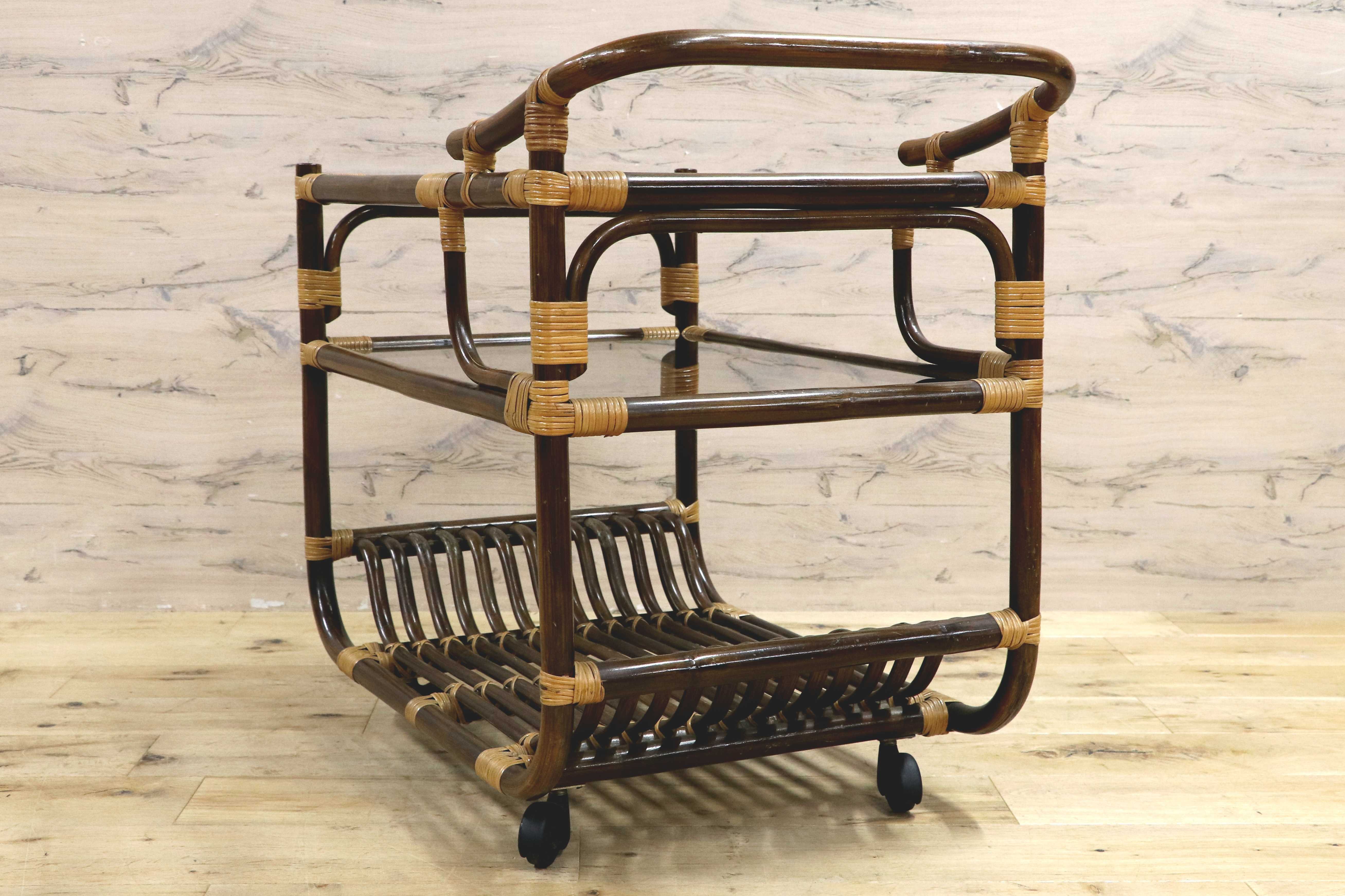 GMIK741○昭和レトロ ラタン モダン キャスターワゴン キッチンワゴン サイドテーブル 古家具 ヴィンテージ 木製 和家具