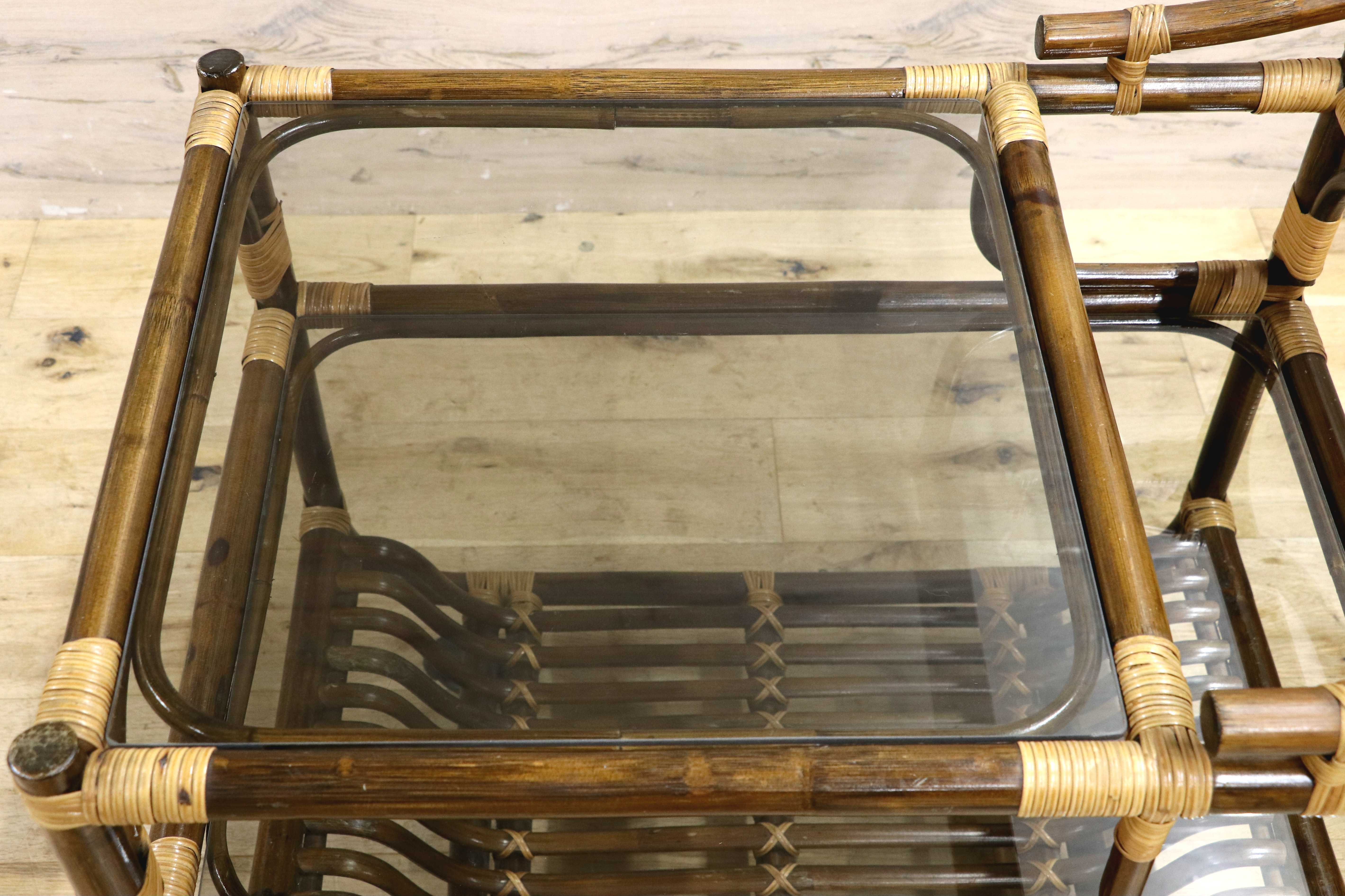 GMIK741○昭和レトロ ラタン モダン キャスターワゴン キッチンワゴン サイドテーブル 古家具 ヴィンテージ 木製 和家具