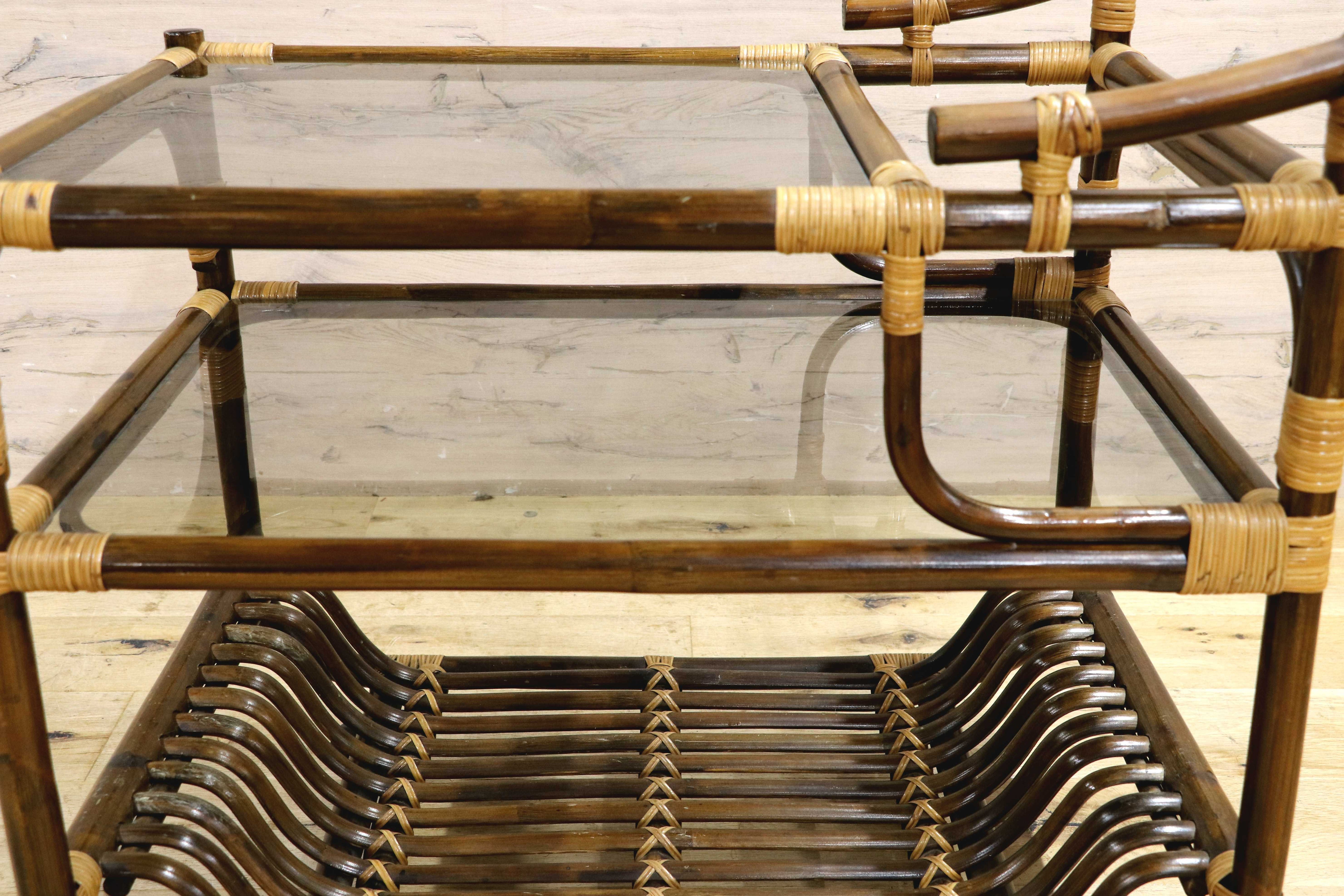 GMIK741○昭和レトロ ラタン モダン キャスターワゴン キッチンワゴン サイドテーブル 古家具 ヴィンテージ 木製 和家具