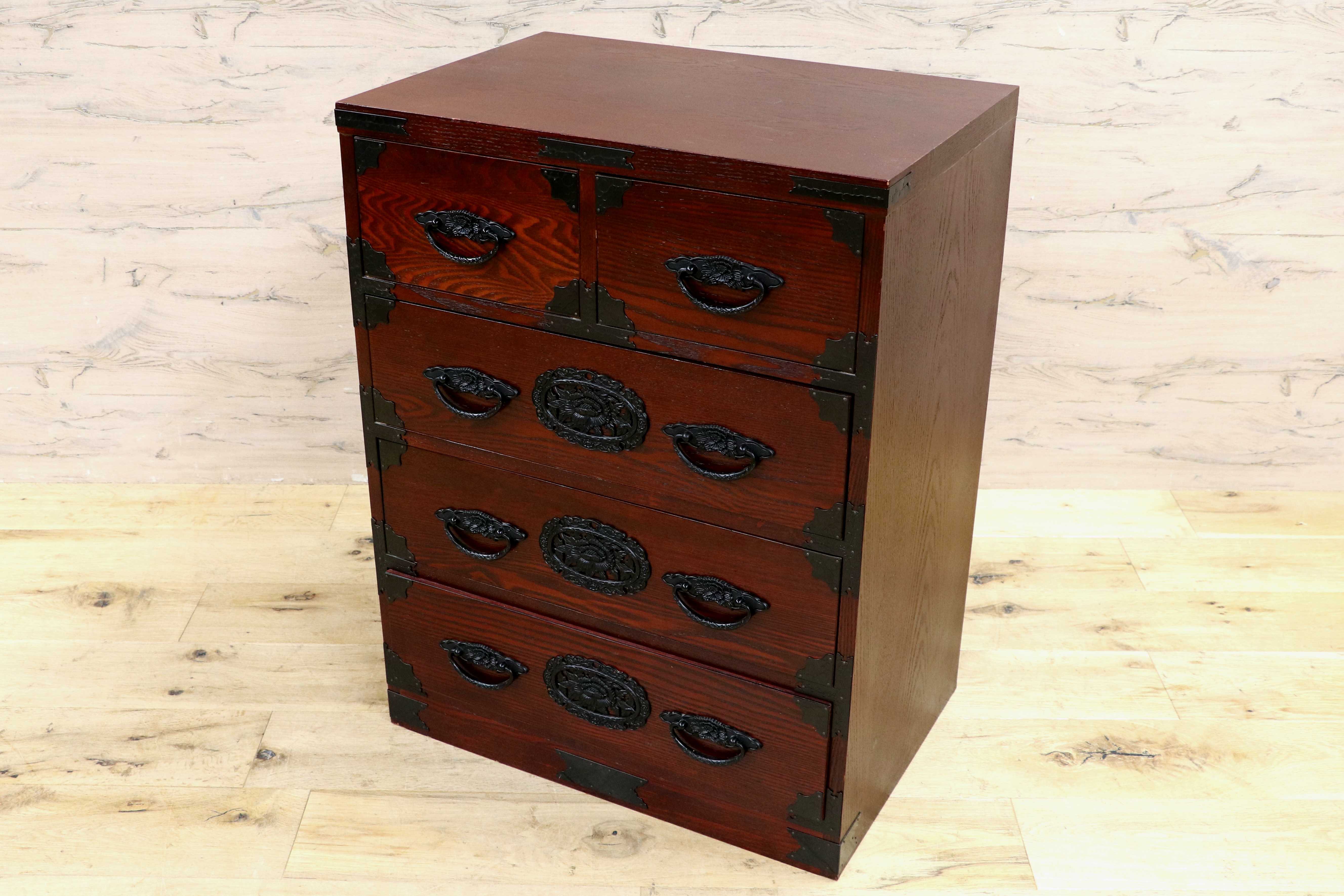 GMIS481A○民芸家具 欅材 整理箪笥 時代箪笥 4段チェスト 鉄金具 和家具 和モダン 小物収納 レトロ アンティーク調 和室 古民家