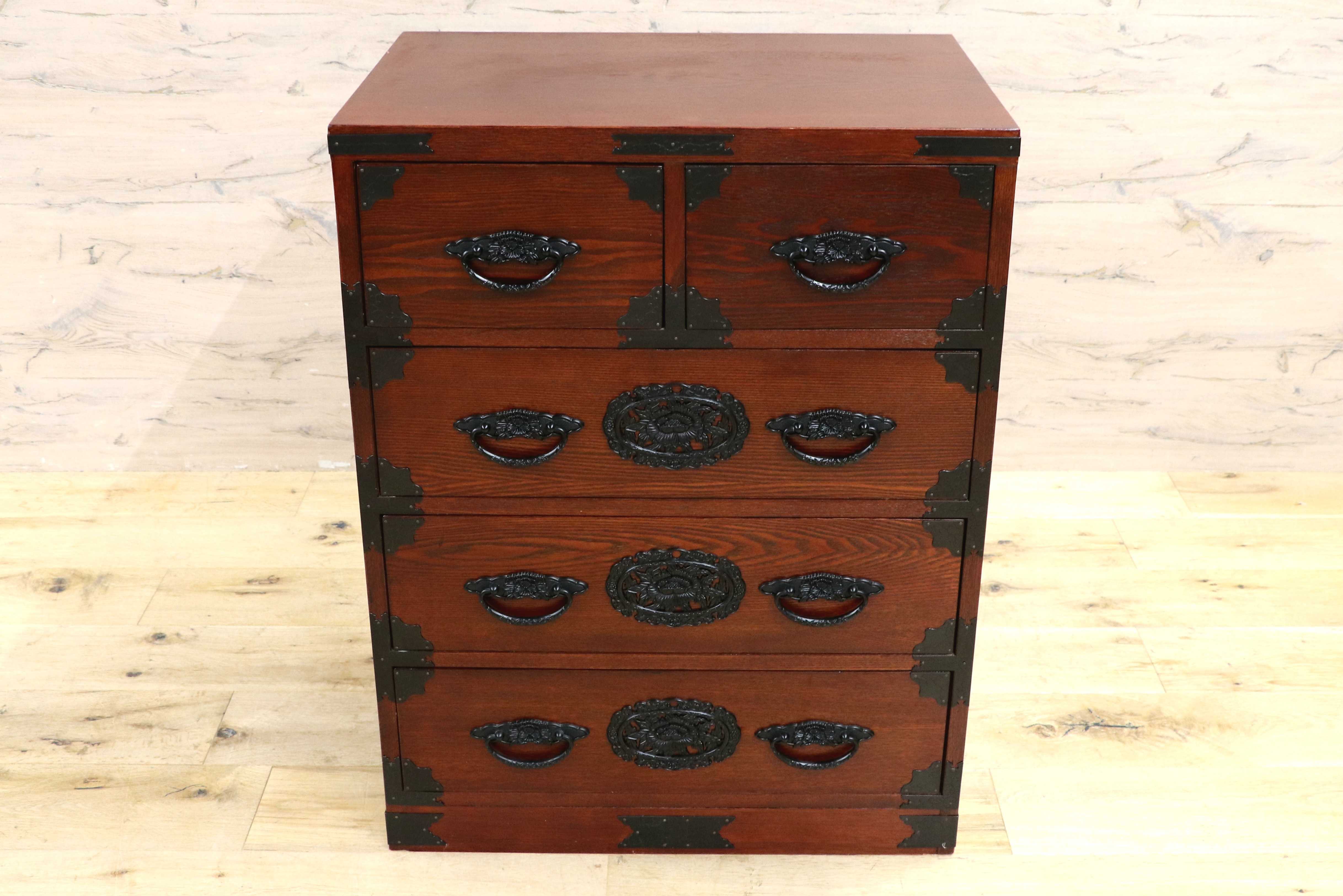 GMIS481B○民芸家具 欅材 整理箪笥 時代箪笥 4段チェスト 鉄金具 和家具 和モダン 小物収納 レトロ アンティーク調 和室 古民家