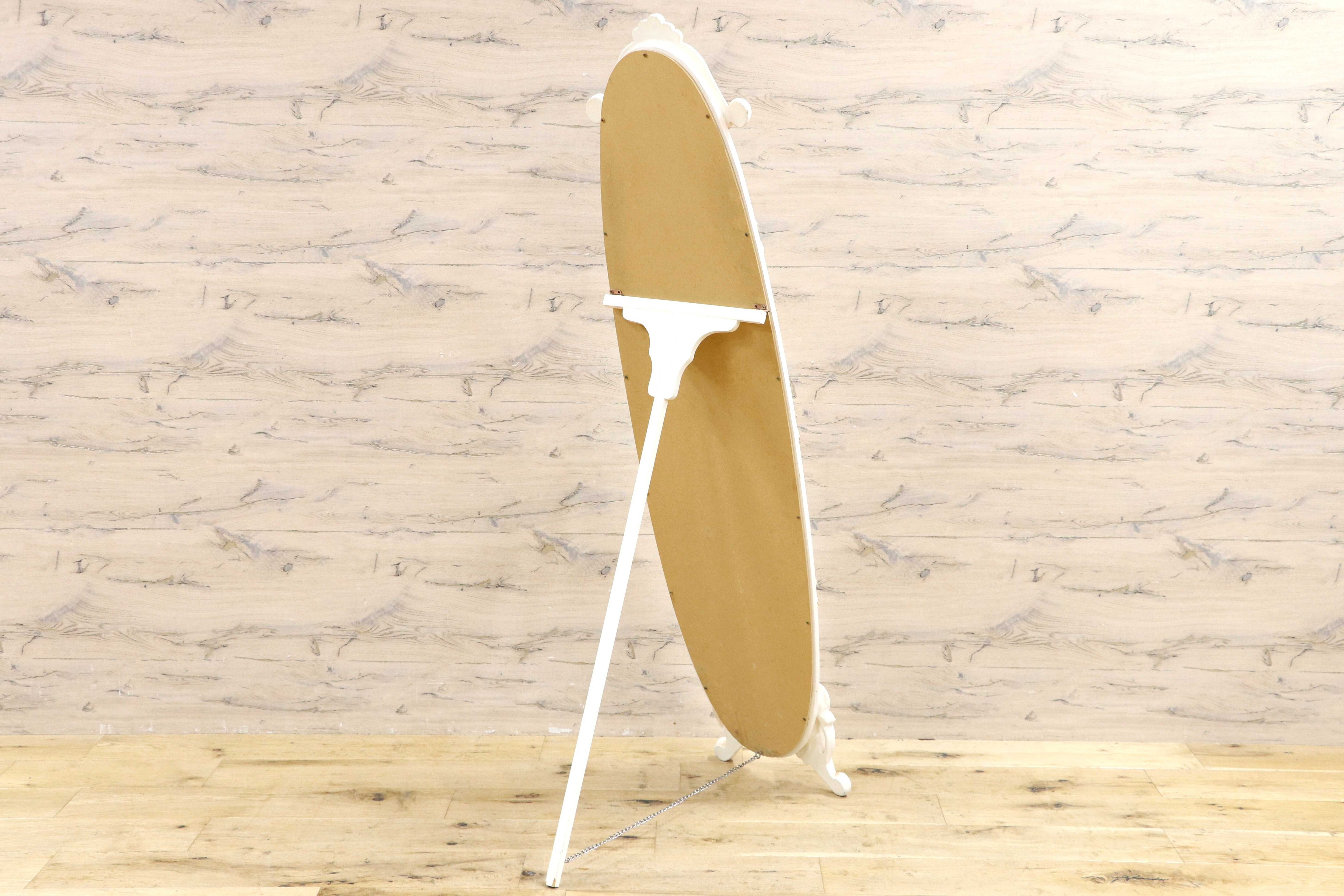 GMIS458B○ロココ調 姫系 ウォールミラー 壁掛け鏡 オーバル型 楕円形 オーバルミラー 姿見 アンティークホワイト 自立式鏡 スタンドミラー