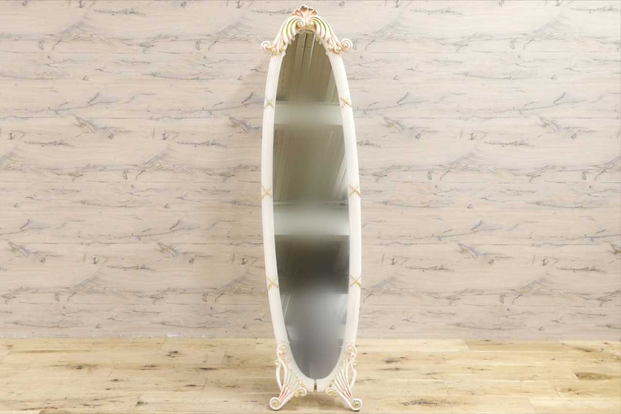 GMIS458B○ロココ調 姫系 ウォールミラー 壁掛け鏡 オーバル型 楕円形 オーバルミラー 姿見 アンティークホワイト 自立式鏡 スタンドミラー