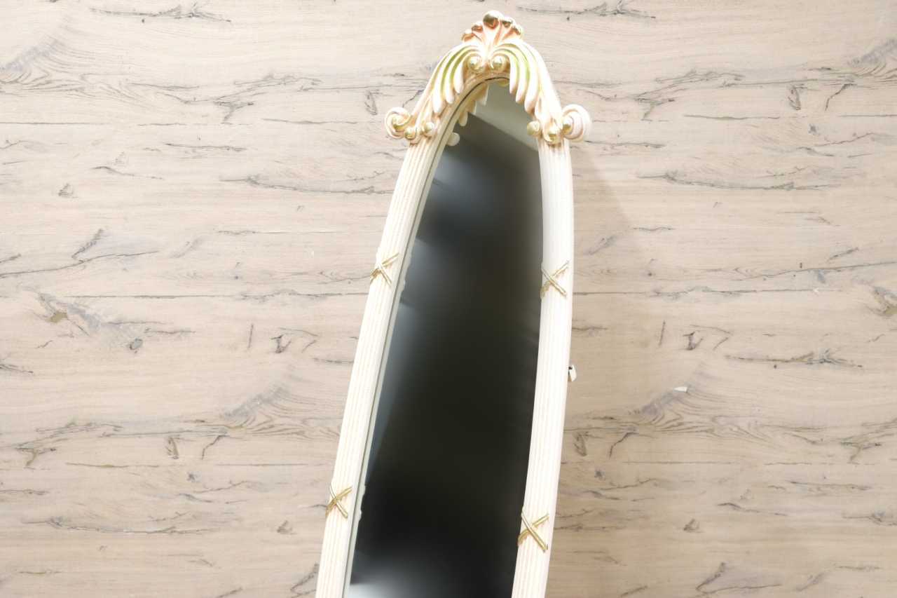 GMIS458B○ロココ調 姫系 ウォールミラー 壁掛け鏡 オーバル型 楕円形 オーバルミラー 姿見 アンティークホワイト 自立式鏡 スタンドミラー