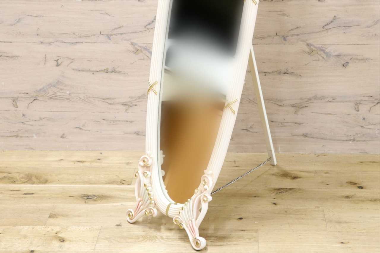 GMIS458B○ロココ調 姫系 ウォールミラー 壁掛け鏡 オーバル型 楕円形 オーバルミラー 姿見 アンティークホワイト 自立式鏡 スタンドミラー