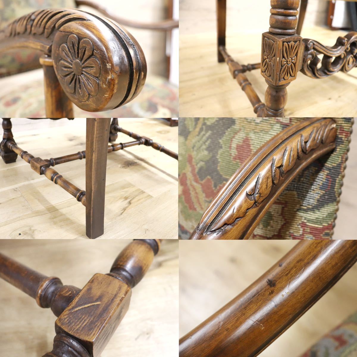 GMGH200A○神戸家具 英国 アンティーク アームチェア イス オーク材 鋲打 クラシック ファブリック オールド ヴィンテージ 定価18.1万