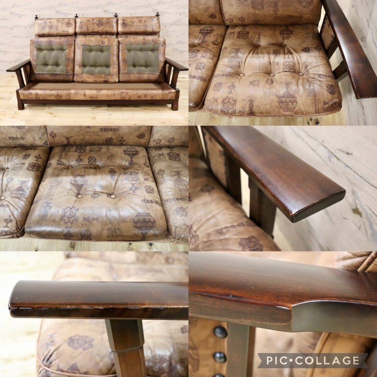 GMGS43○MORISHIGE / モリシゲ 3人掛けソファ トリプルソファ ハイバック 本革 IDC大塚家具 鋲打ち クラシック 大正モダン ヴィンテージ