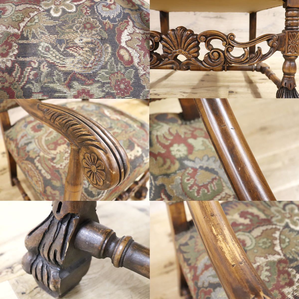 GMGH200B○神戸家具 英国 アンティーク アームチェア イス オーク材 鋲打 クラシック ファブリック オールド ヴィンテージ 定価18.1万