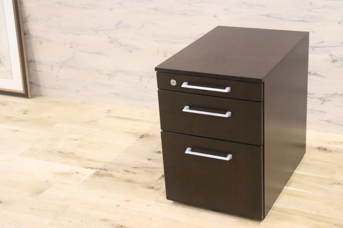 デスクサイドチェストキャスター付き ダークブラウン3段 キャビネット  