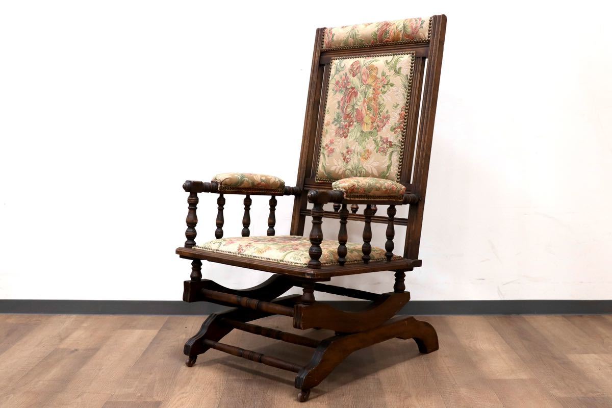 GMGN471○英国 イギリス アンティーク ロッキングチェア 揺り椅子 ラウンジチェア ボタニカル カントリー コロニアル レア