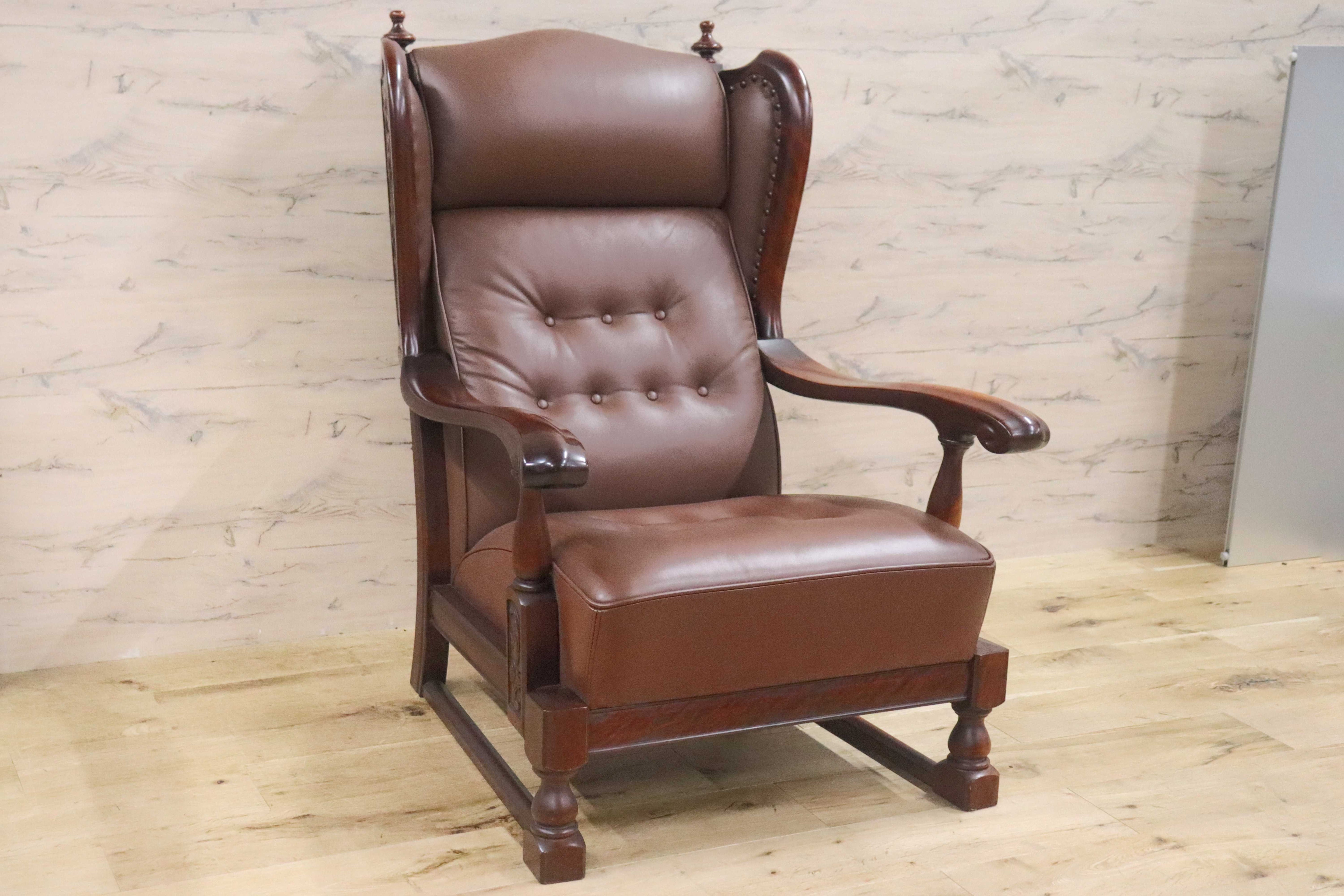 GMGN295○MORISHIGE / モリシゲ シングルソファ ラウンジチェア 椅子 本革 彫刻 IDC大塚家具 クラシック 大正モダン 最高峰 約38万 稀少