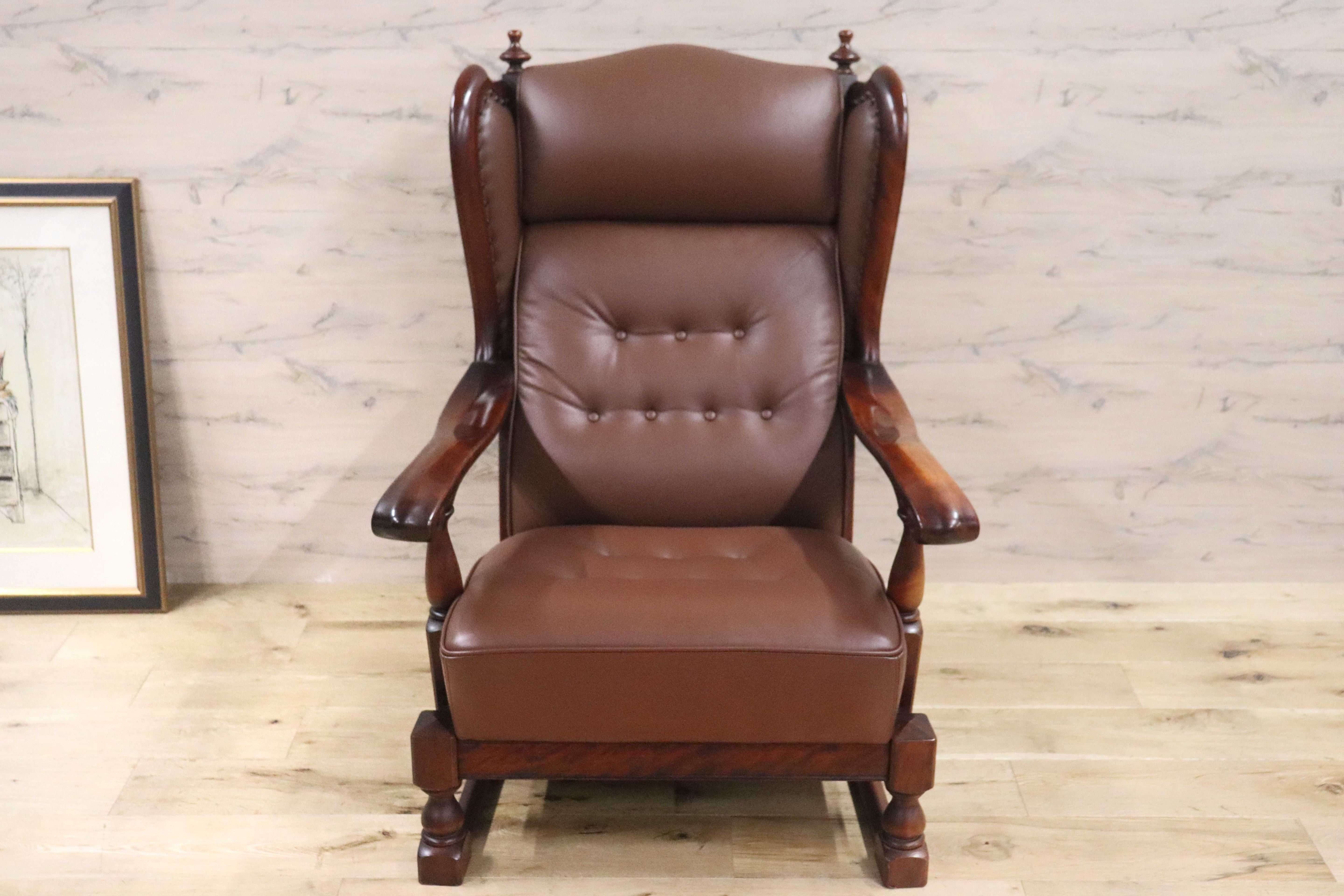 GMGN295○MORISHIGE / モリシゲ シングルソファ ラウンジチェア 椅子 本革 彫刻 IDC大塚家具 クラシック 大正モダン 最高峰 約38万 稀少