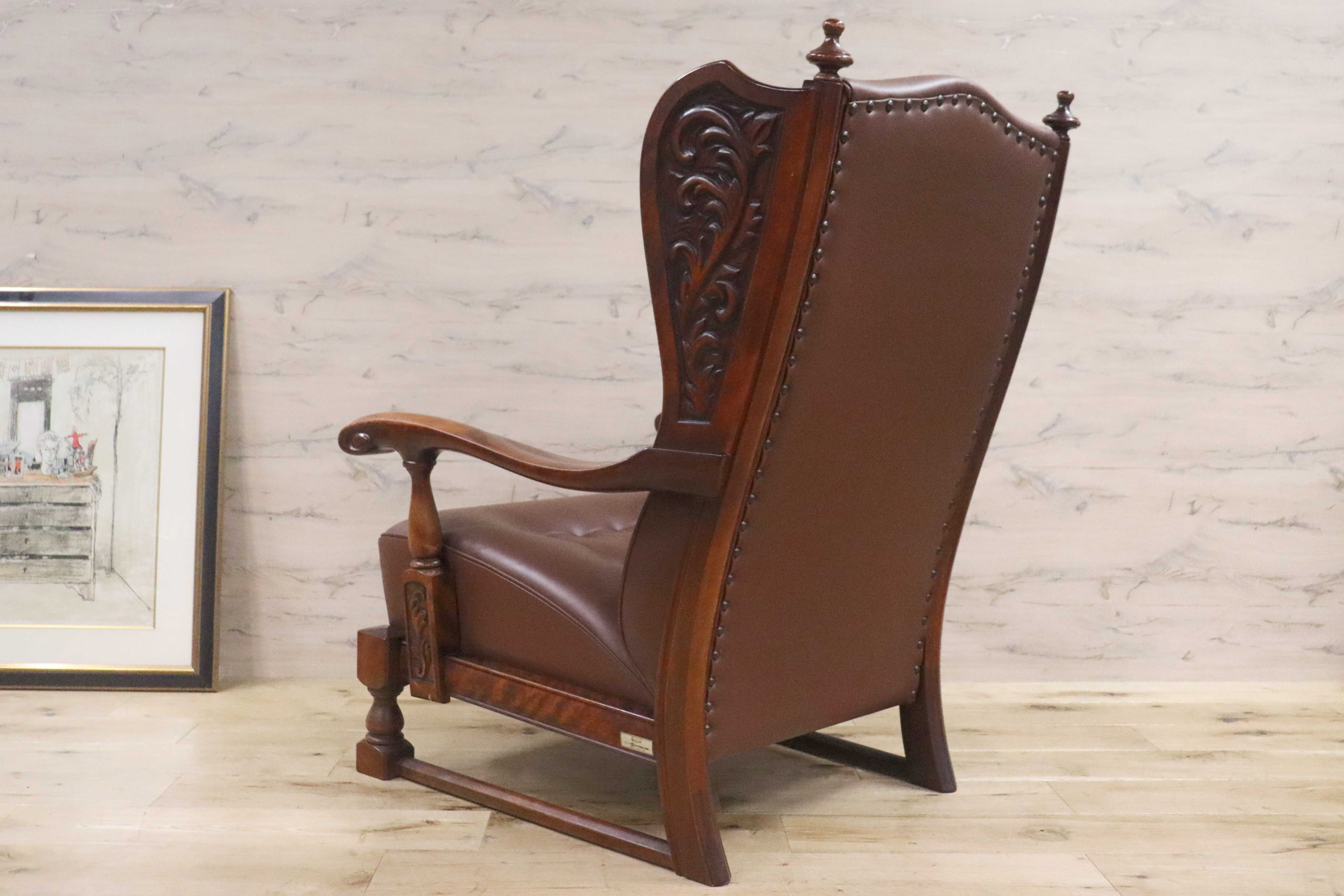 GMGN295○MORISHIGE / モリシゲ シングルソファ ラウンジチェア 椅子 本革 彫刻 IDC大塚家具 クラシック 大正モダン 最高峰 約38万 稀少