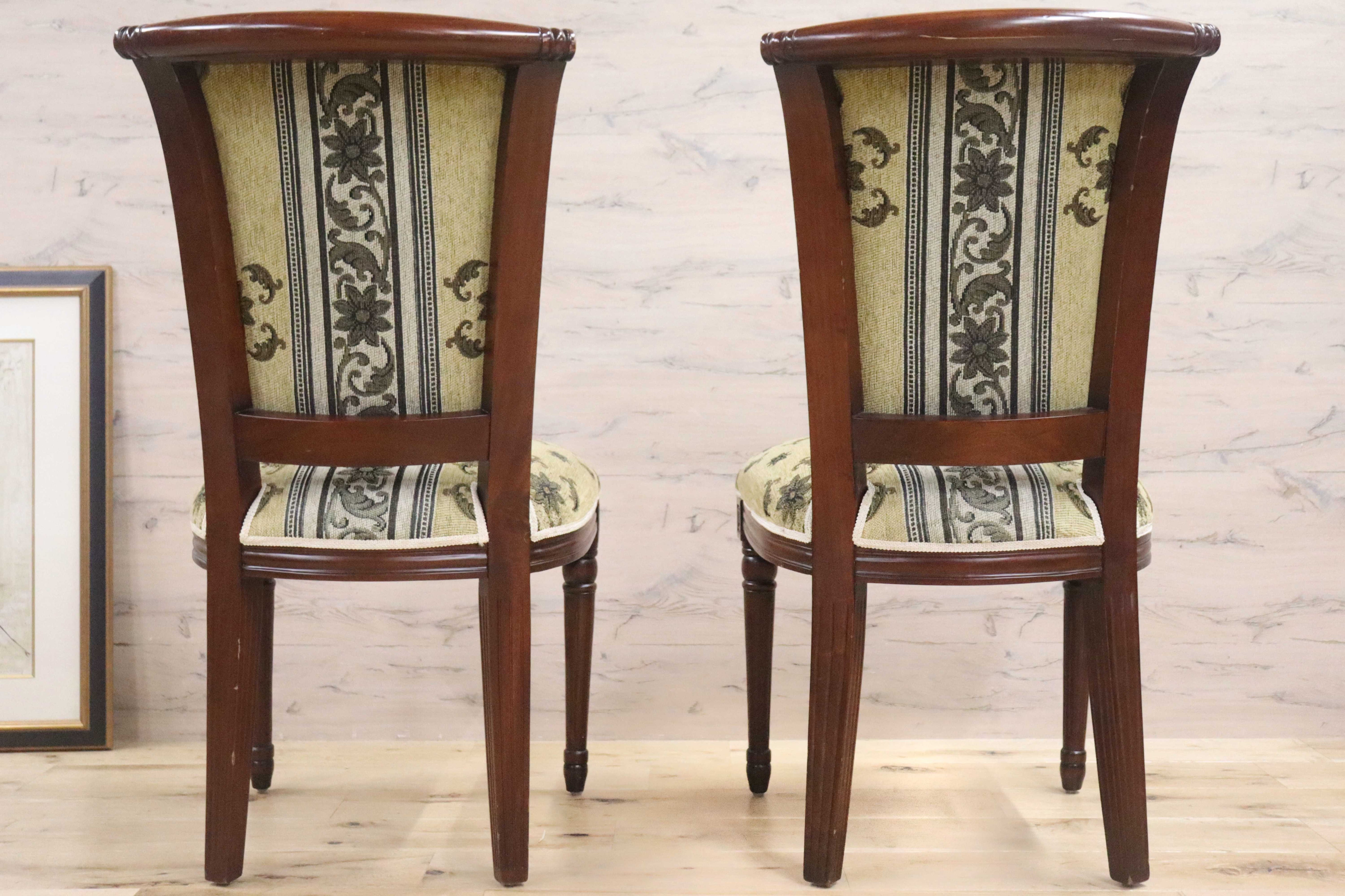 GMGN488E○イタリア製 ダイニングチェア アームレスチェア 椅子 マホガニー材 ファブリック 花柄 クラシック 西洋 ヨーロピアン 2脚セット