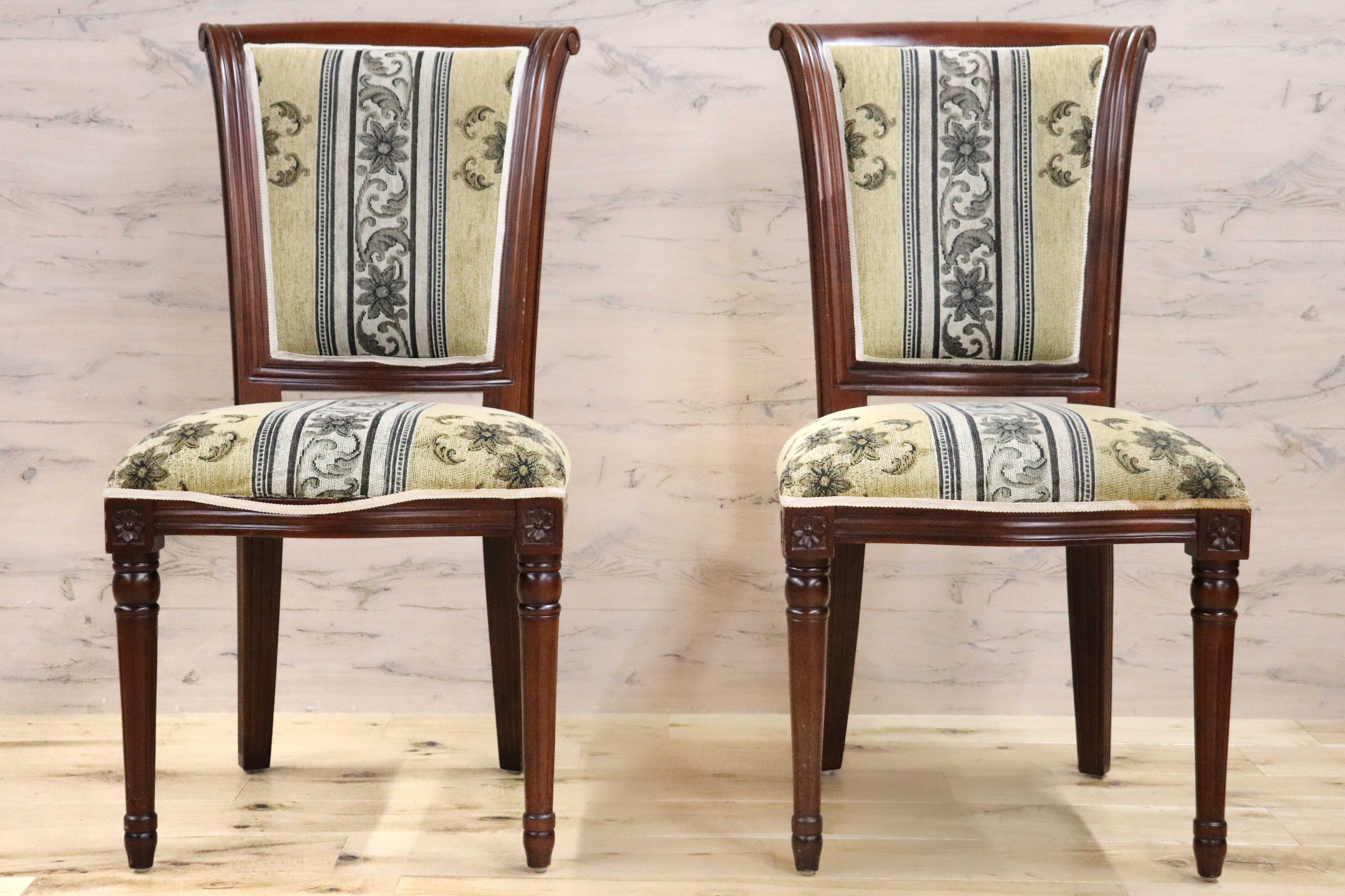 GMGN488R○イタリア製 ダイニングチェア アームレスチェア 椅子 マホガニー材 ファブリック 花柄 クラシック 西洋 ヨーロピアン 2脚セット