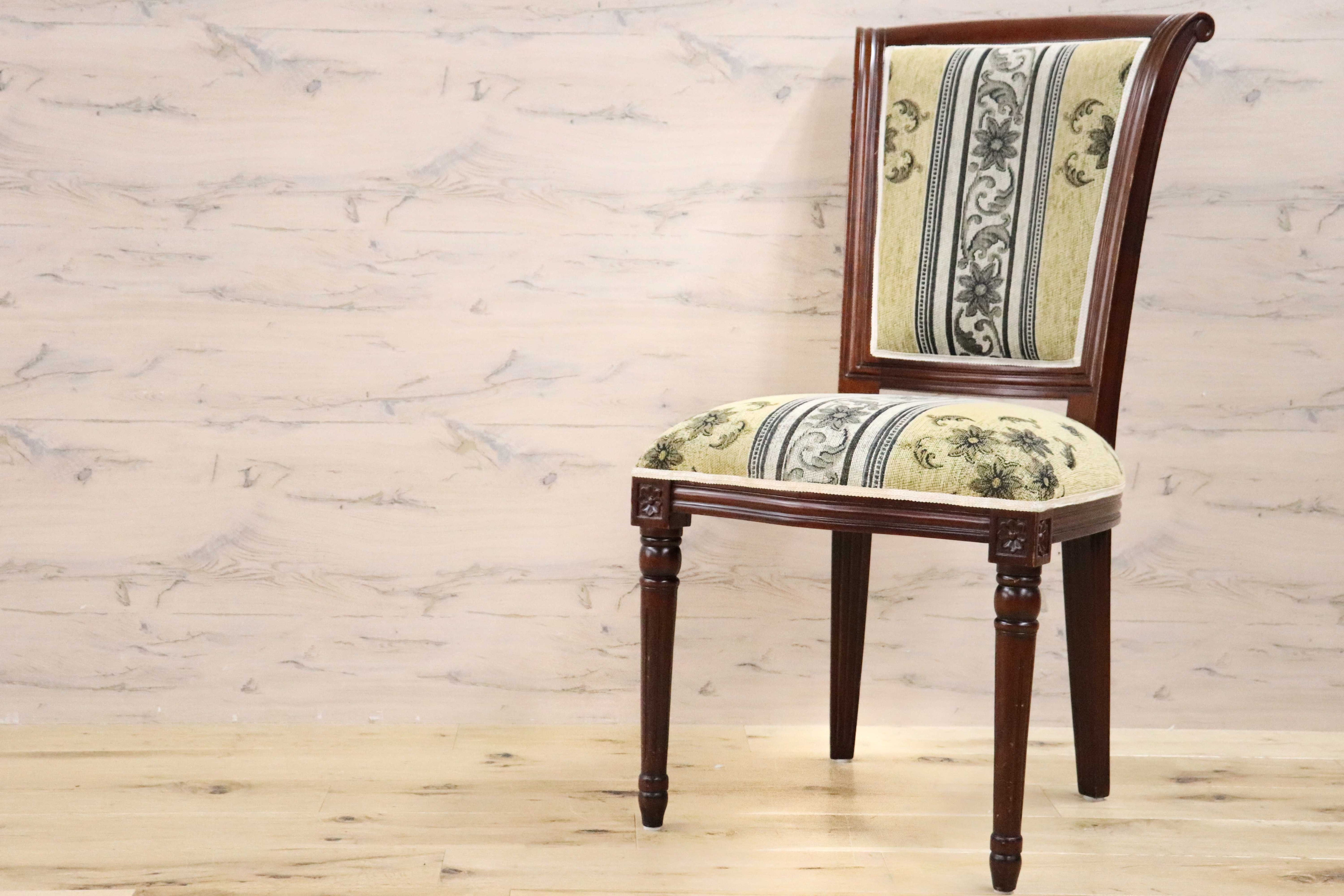 GMGN488W○イタリア製 ダイニングチェア アームレスチェア 椅子 マホガニー材 ファブリック 花柄 クラシック 西洋 ヨーロピアン