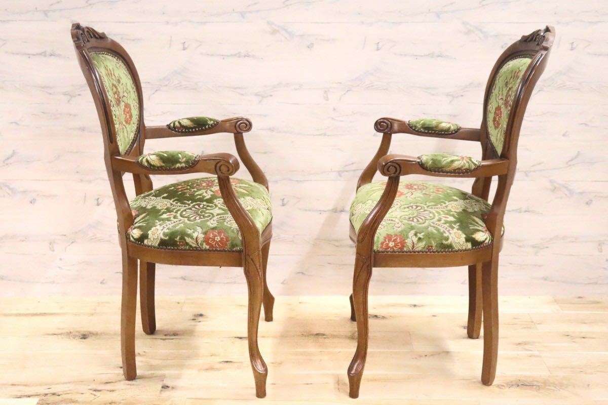 GMGH229○イタリア製 金華山織 ダイニングチェア アームチェア 椅子 クラシック エレガント 彫刻 猫脚 ファブリック グリーン 2脚セッ