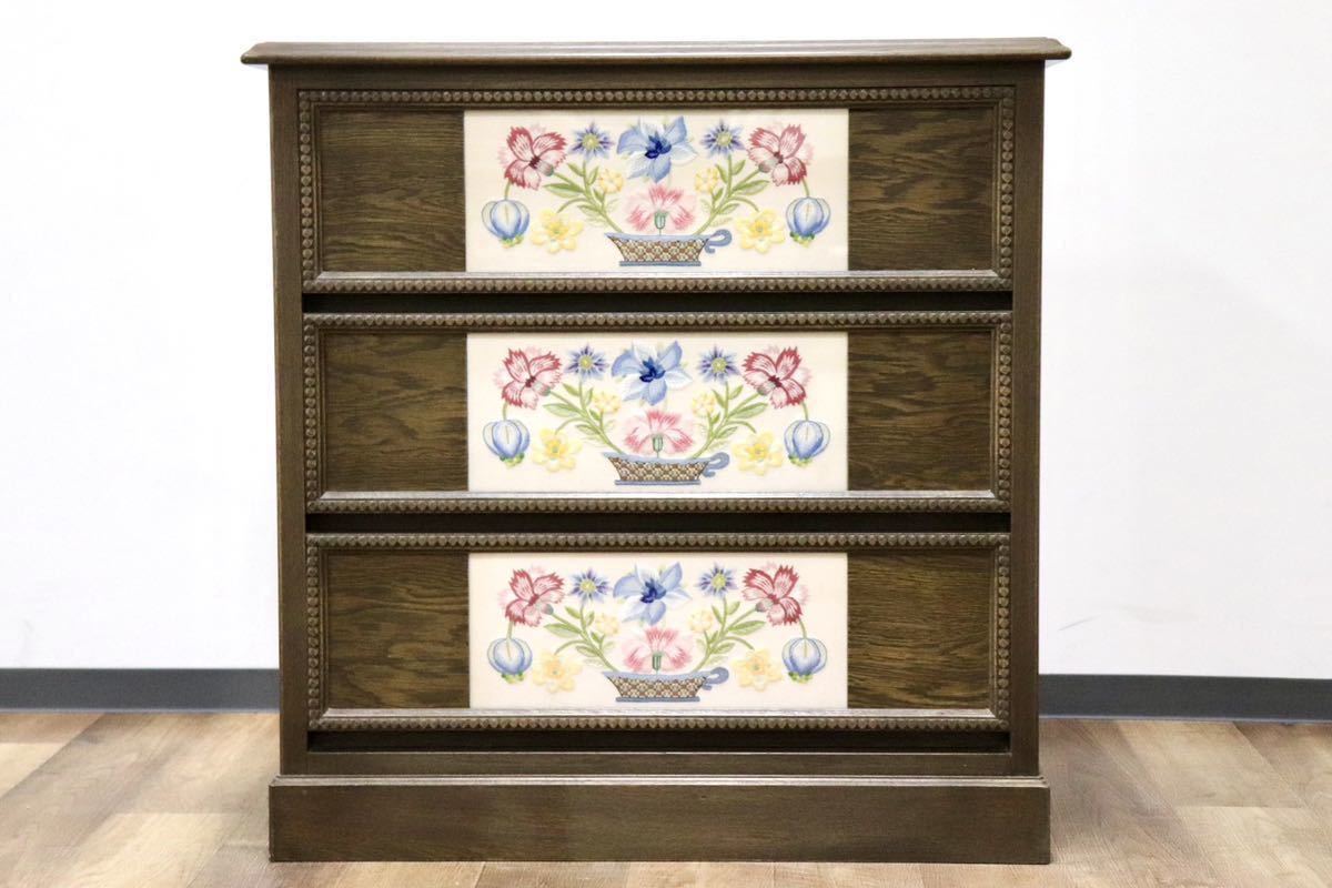 GMGK183A○神戸家具 洋家具 伊藤家具 3段チェスト 整理タンス 彫刻 オーク材 クラシカル 花柄 和製ヴィンテージ アンティーク 検)永田良介
