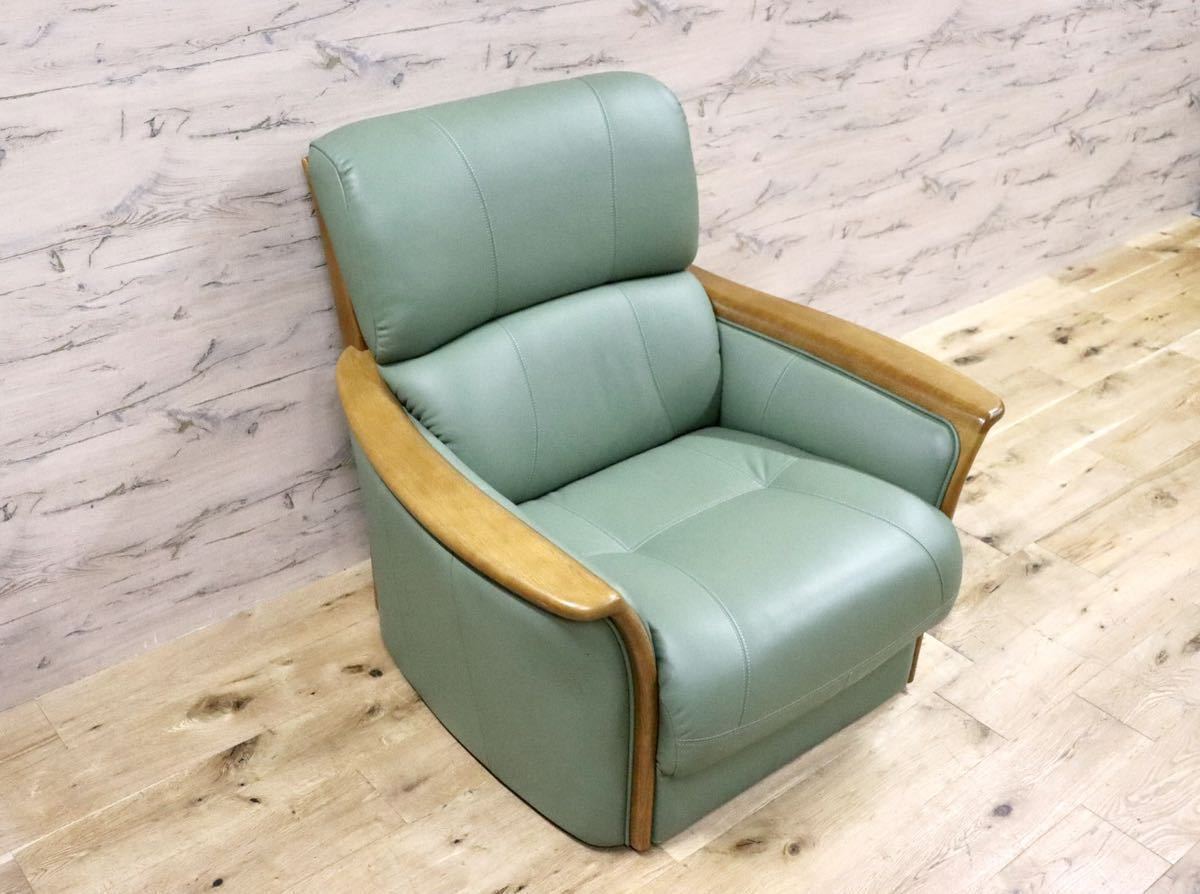 GMGF66B○浜本工芸 / HAMAMOTO 1人掛けソファ シングルソファ 椅子 本革 グリーン 楢材 定価14万 展示品