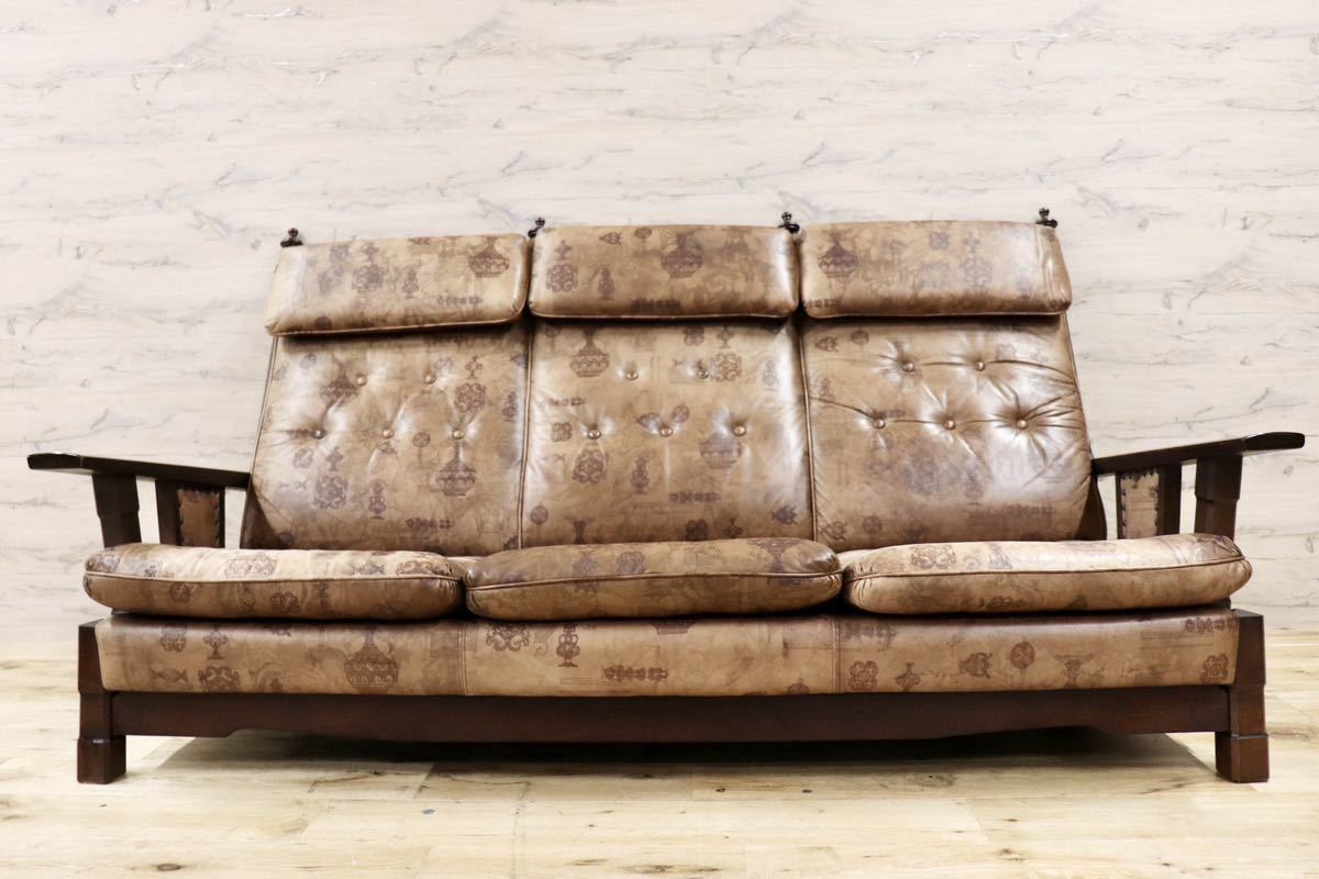 GMGS43○MORISHIGE / モリシゲ 3人掛けソファ トリプルソファ ハイバック 本革 IDC大塚家具 鋲打ち クラシック 大正モダン ヴィンテージ