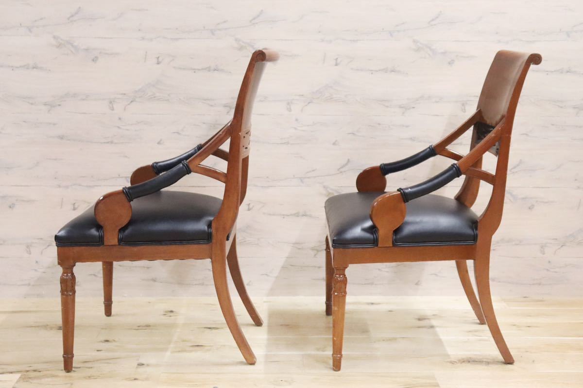 GMGN142B○イタリア製 クラシック モダン ダイニングチェア 椅子 2脚セット セミアームチェア 本革 レザー 西洋 アール・ヌーヴォー