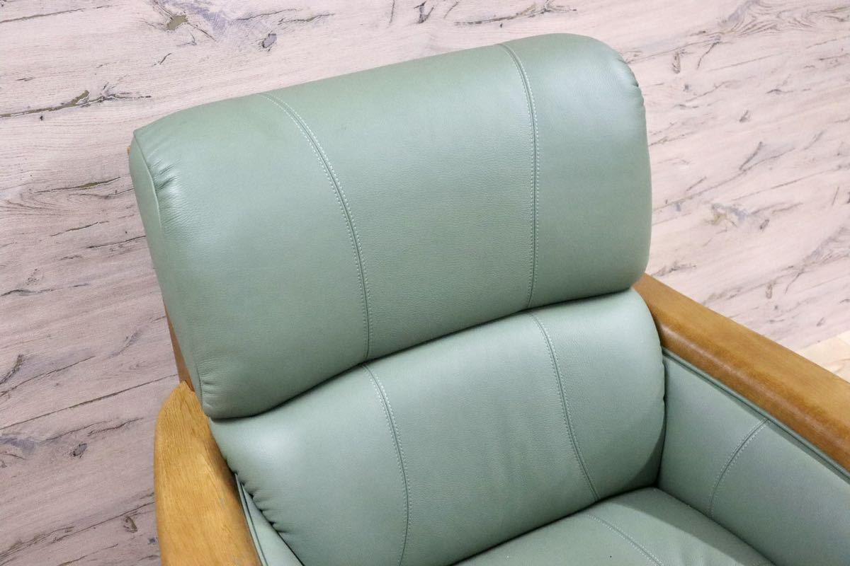 GMGF66B○浜本工芸 / HAMAMOTO 1人掛けソファ シングルソファ 椅子 本革 グリーン 楢材 定価14万 展示品