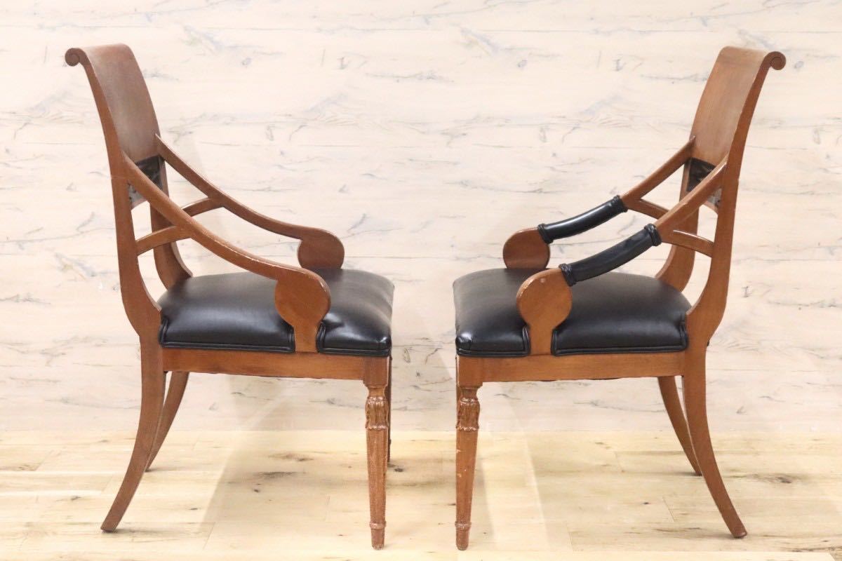 GMGN162B○イタリア製 クラシック モダン ダイニングチェア 椅子 2脚セット セミアームチェア 本革 レザー 西洋 アール・ヌーヴォー