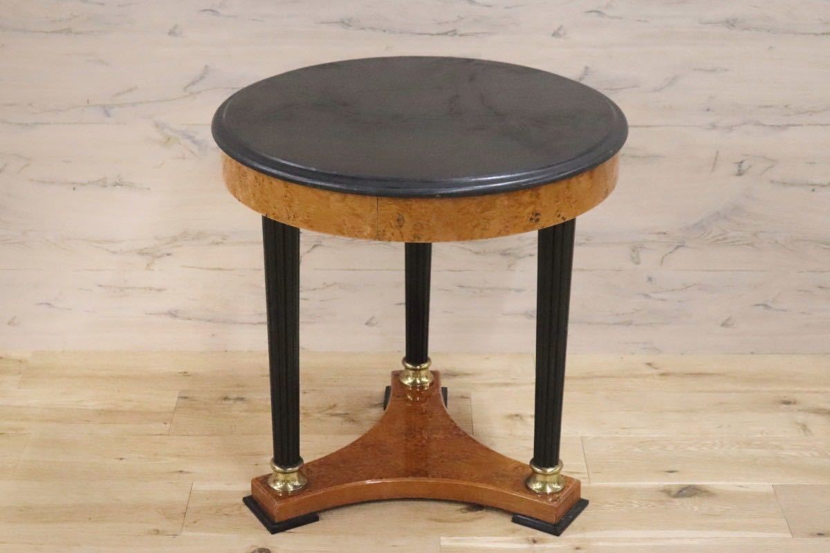 GMGN233D○イタリア製 サイドテーブル 丸テーブル バーズアイメープル 御影石 エレガント クラシック ヨーロッパ家具 ※引取り推奨