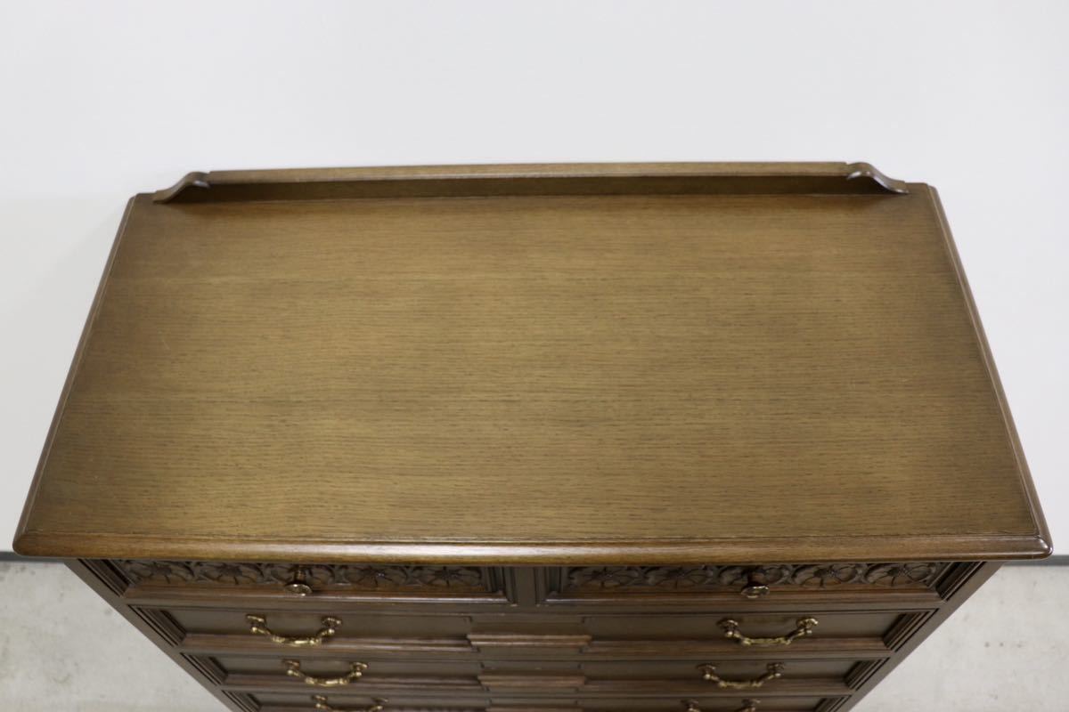 GMGK64○神戸家具 洋家具 6段チェスト 整理タンス 収納家具 彫刻 オーク材 クラシカル 和製ヴィンテージ アンティーク 美品 検)永田良介