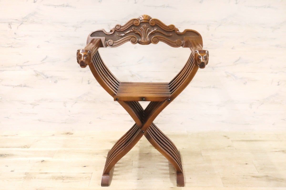 GMGN144○イタリア製 サヴォナローラチェア 飾り椅子 ラウンジチェア 折りたたみ椅子 椅子 木製 彫刻 ヨーロッパ家具