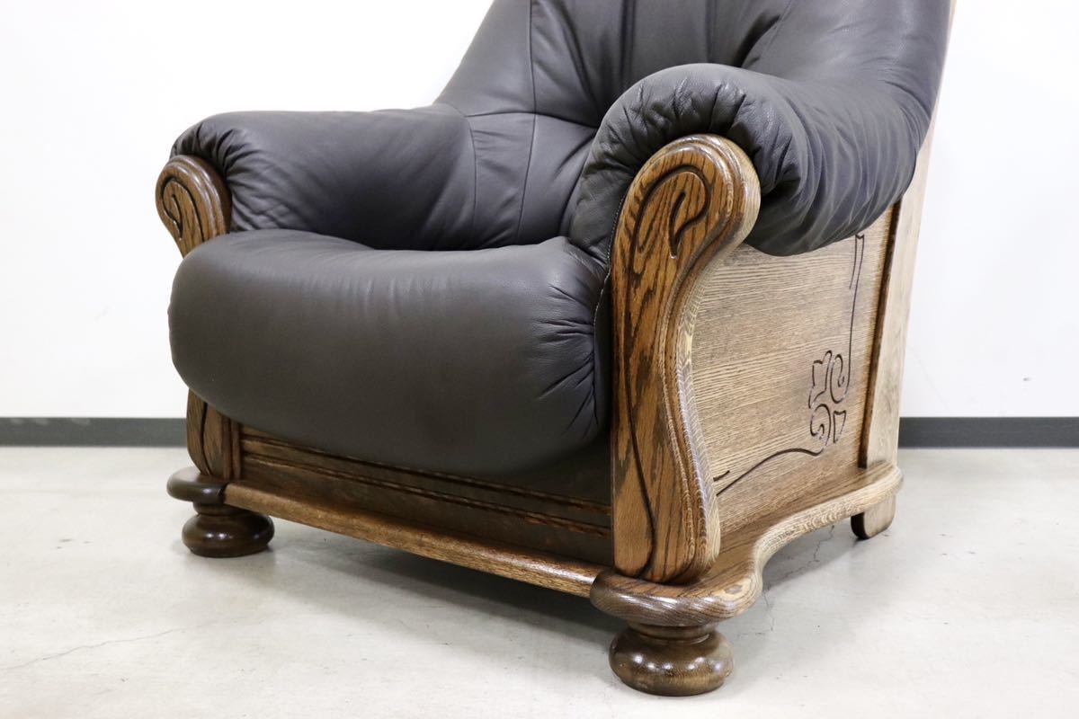 GMGS49B○オランダ製 ダッチカントリー 1人掛けソファ シングルソファ アームソファ 本革 グレー オーク材 オランダ民芸