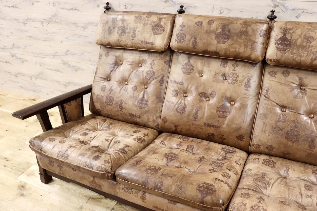 GMGS43○MORISHIGE / モリシゲ 3人掛けソファ トリプルソファ ハイバック 本革 IDC大塚家具 鋲打ち クラシック 大正モダン ヴィンテージ