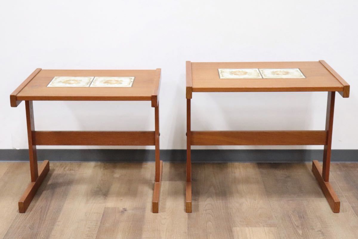 GMGH118○北欧ヴィンテージ ネストテーブル サイドテーブル チーク材 花台 タイルトップ クラシック 北欧家具 デンマーク