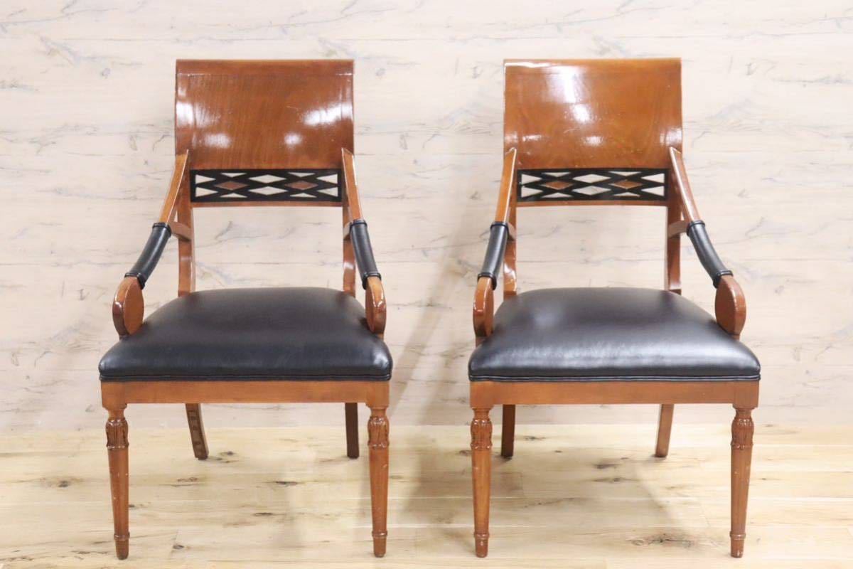 GMGN142B○イタリア製 クラシック モダン ダイニングチェア 椅子 2脚セット セミアームチェア 本革 レザー 西洋 アール・ヌーヴォー