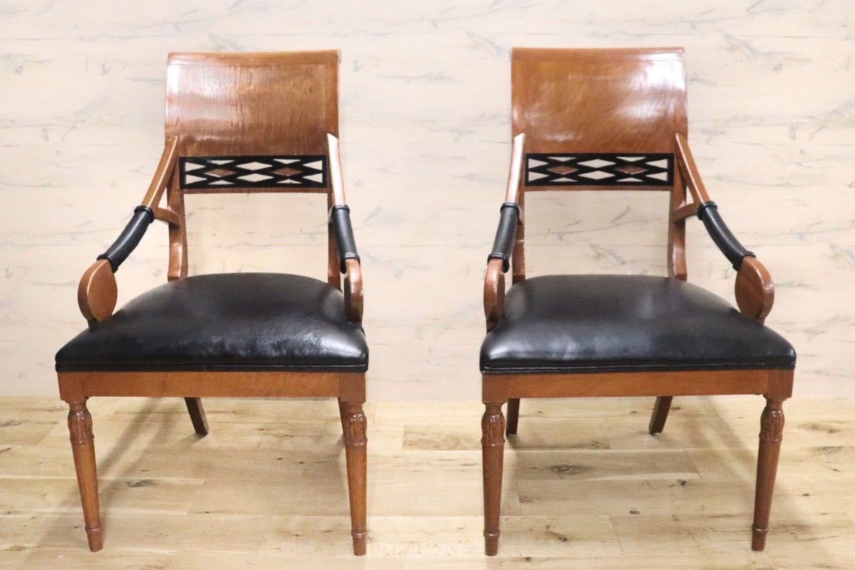 GMGN149B○イタリア製 クラシック モダン ダイニングチェア 椅子 2脚セット セミアームチェア 本革 レザー 西洋 アール・ヌーヴォー