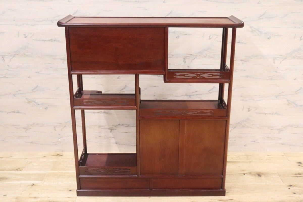 GMGH240○中国美術 茶棚 飾り棚 サイドボード 唐木 無垢材 彫刻 透し彫り 漆塗 和家具 違い棚 和室 座敷 和モダン 約50万