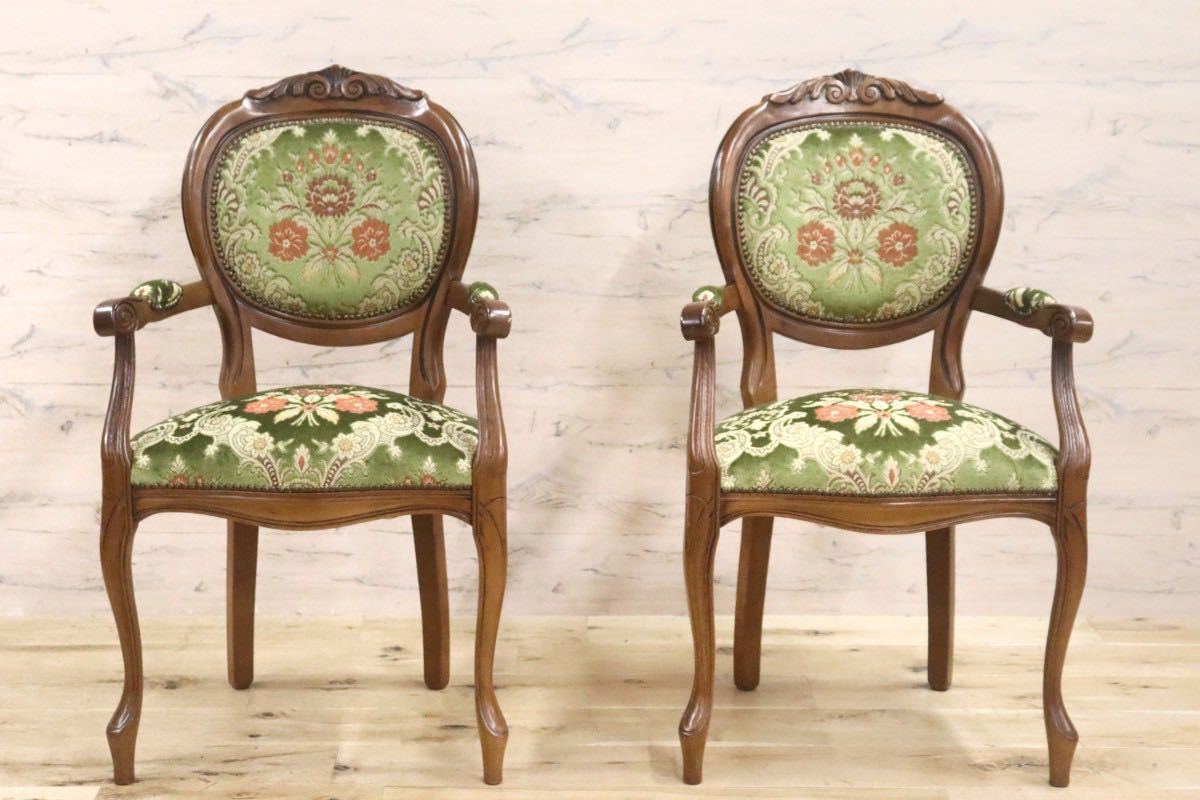 GMGH229○イタリア製 金華山織 ダイニングチェア アームチェア 椅子 クラシック エレガント 彫刻 猫脚 ファブリック グリーン 2脚セッ