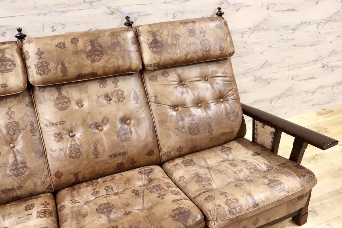 GMGS43○MORISHIGE / モリシゲ 3人掛けソファ トリプルソファ ハイバック 本革 IDC大塚家具 鋲打ち クラシック 大正モダン ヴィンテージ