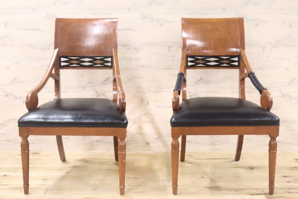 GMGN162B○イタリア製 クラシック モダン ダイニングチェア 椅子 2脚セット セミアームチェア 本革 レザー 西洋 アール・ヌーヴォー