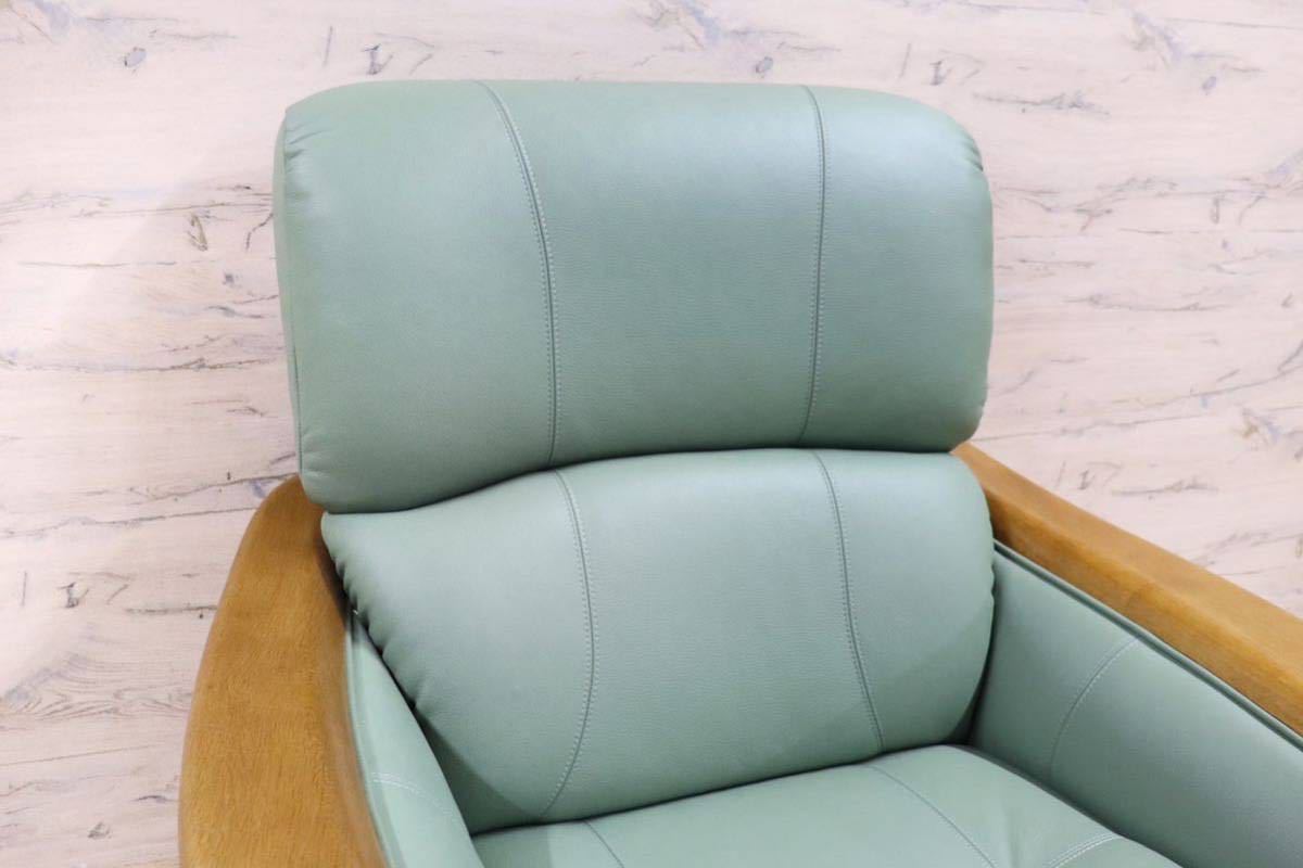 GMGF66A○浜本工芸 / HAMAMOTO 1人掛けソファ シングルソファ 椅子 本革 グリーン 楢材 定価14万 展示品