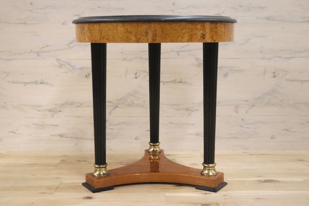 GMGN233D○イタリア製 サイドテーブル 丸テーブル バーズアイメープル 御影石 エレガント クラシック ヨーロッパ家具 ※引取り推奨