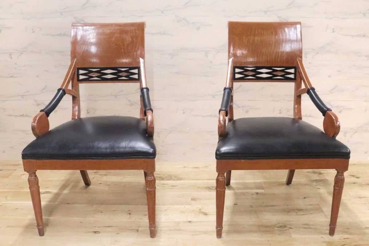 GMGN149A○イタリア製 クラシック モダン ダイニングチェア 椅子 2脚セット セミアームチェア 本革 レザー 西洋 アール・ヌーヴォー