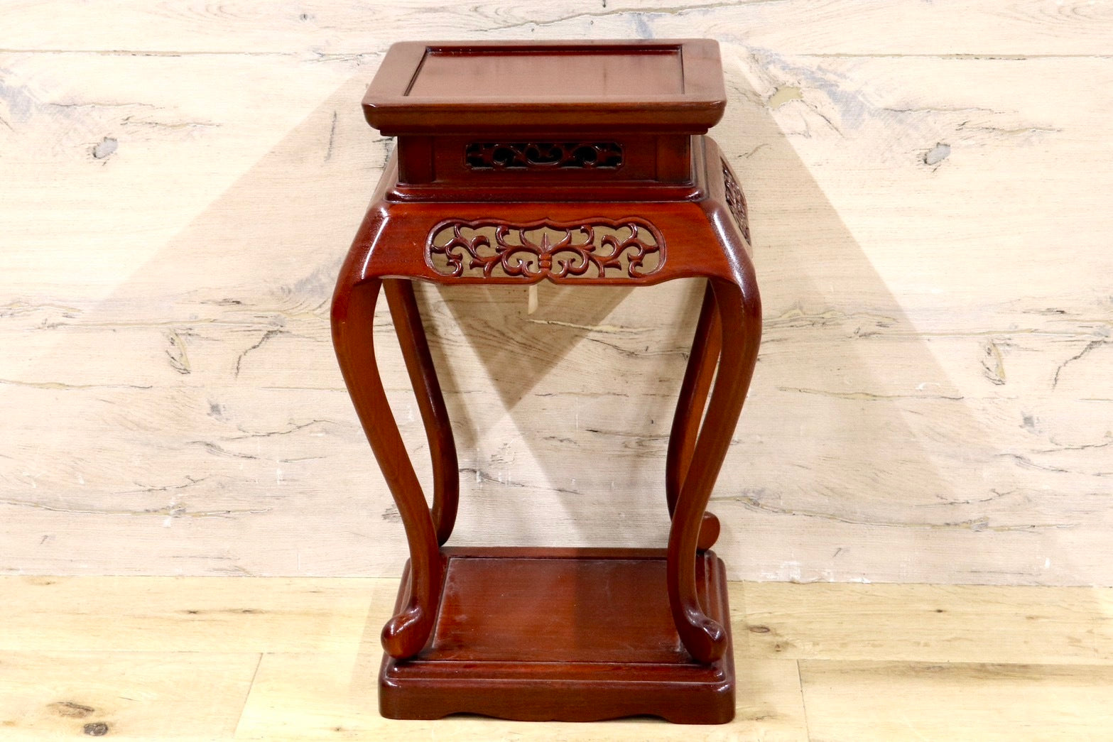 GMHS473○karimoku / カリモク 透かし彫り 木製 天然木 花台 飾り台 香炉台 猫脚飾台 香炉台 盆栽台 レトロ オールドカリモク